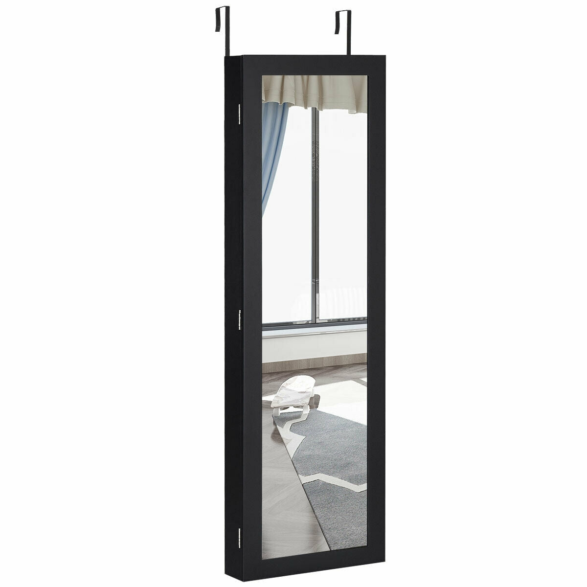 Wall & Door Mounted Full Length Mirror Jewelry Armoire with Ring Slots, Necklace Hooks and Storage Shelves – Black