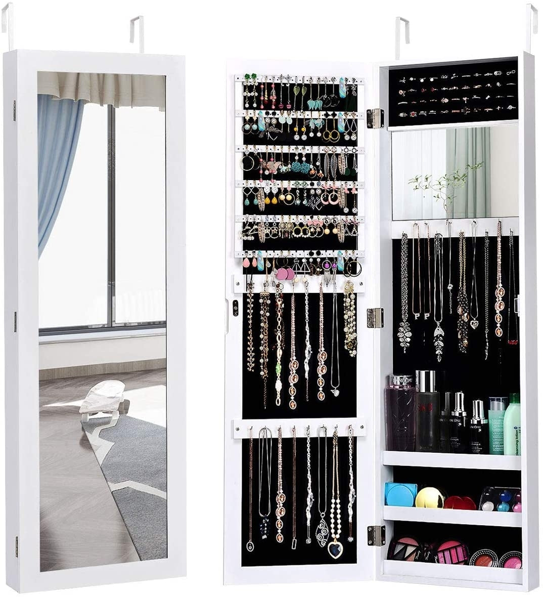 Wall & Door Mounted Full Length Mirror Jewelry Armoire with Ring Slots, Necklace Hooks and Storage Shelves – White