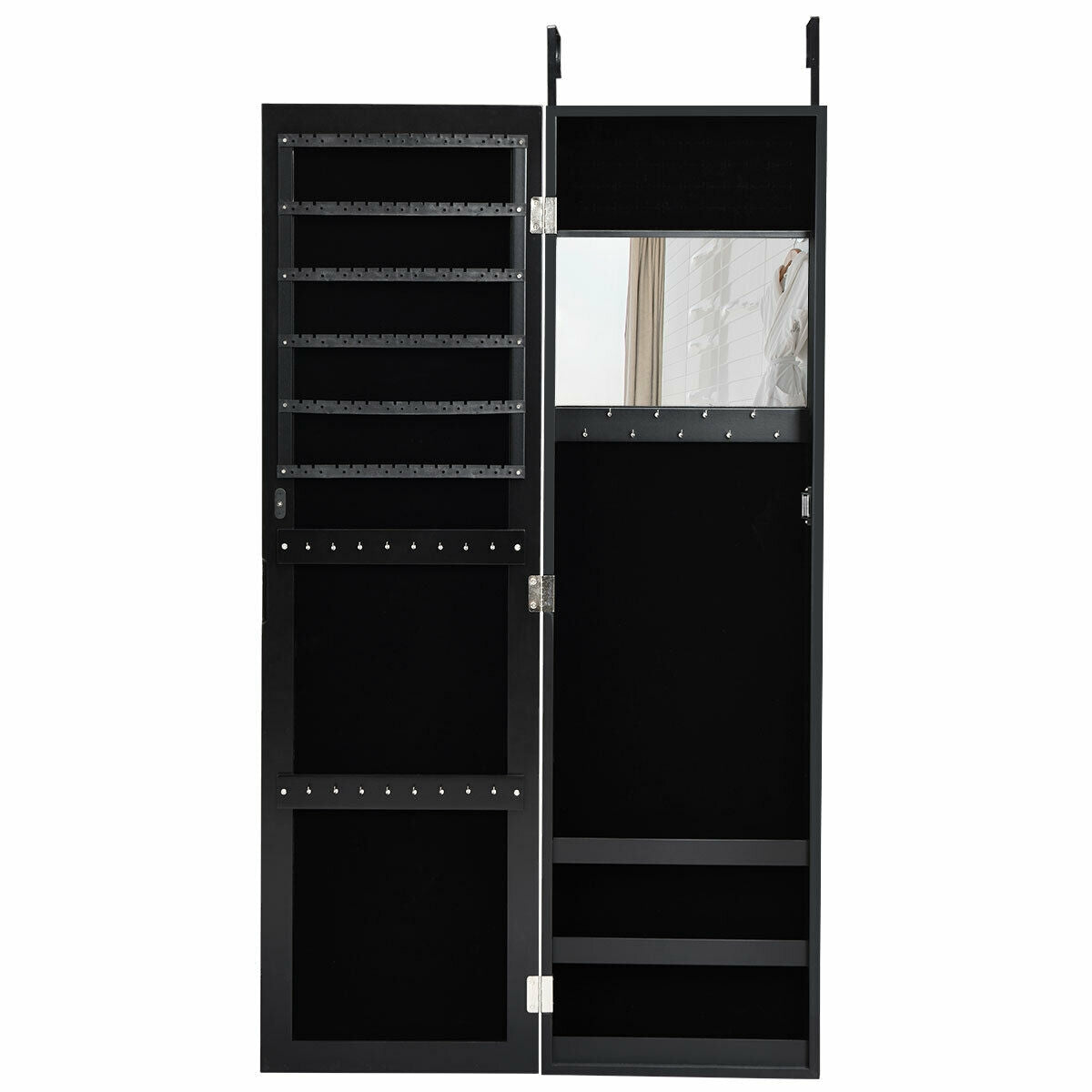 Wall & Door Mounted Full Length Mirror Jewelry Armoire with Ring Slots, Necklace Hooks and Storage Shelves – Black
