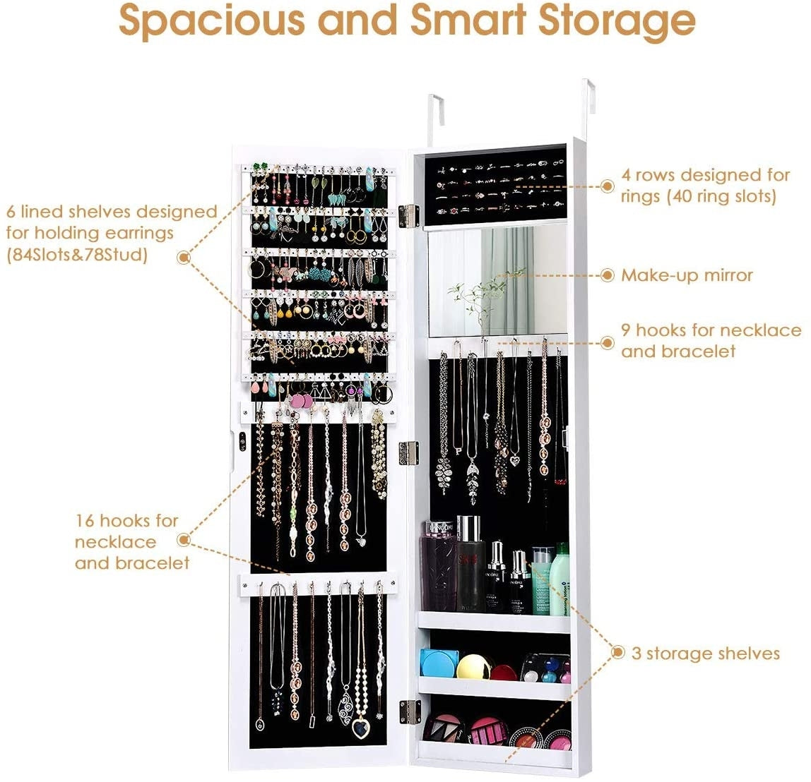 Wall & Door Mounted Full Length Mirror Jewelry Armoire with Ring Slots, Necklace Hooks and Storage Shelves – White