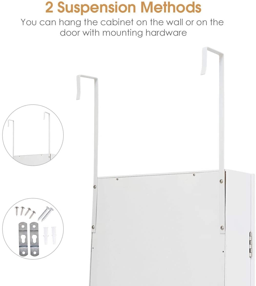Wall & Door Mounted Full Length Mirror Jewelry Armoire with Ring Slots, Necklace Hooks and Storage Shelves – White
