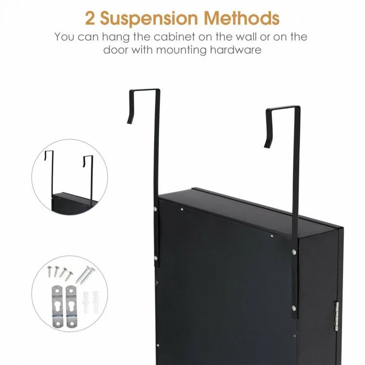 Wall & Door Mounted Full Length Mirror Jewelry Armoire with Ring Slots, Necklace Hooks and Storage Shelves – Black