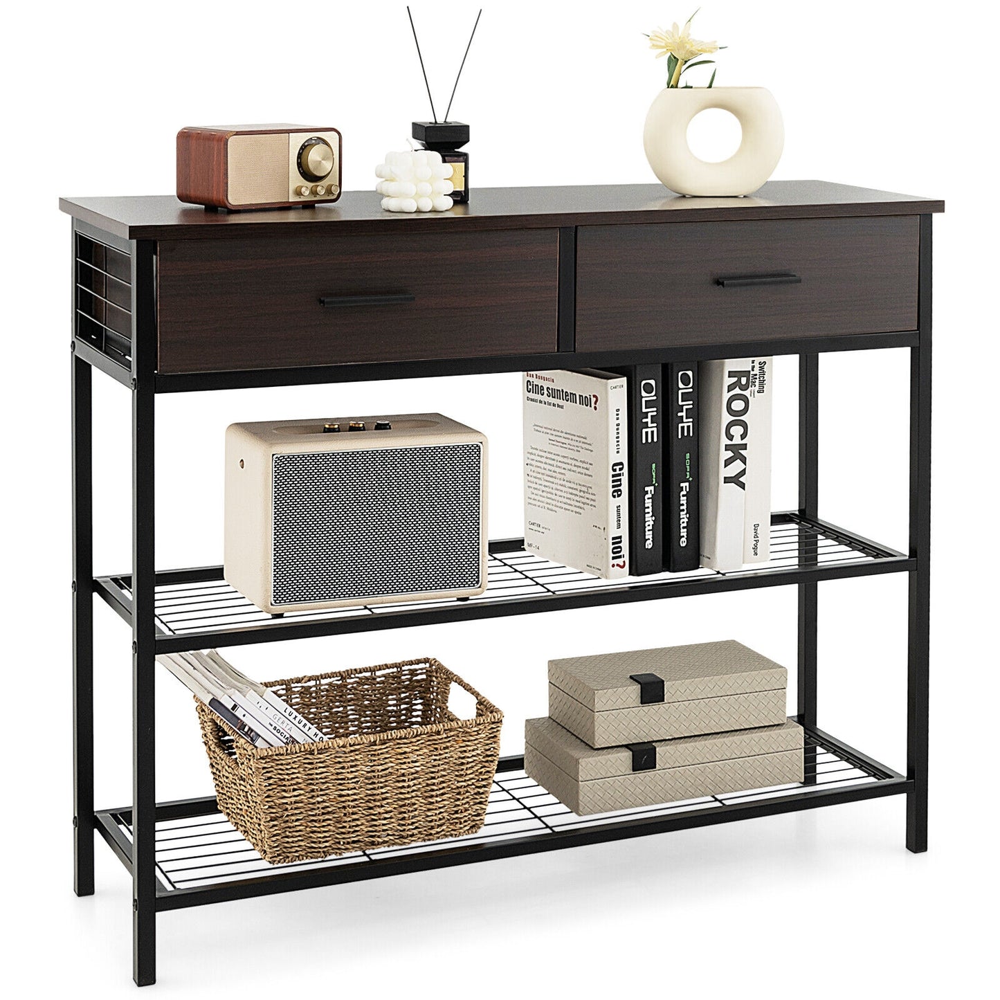 2 Drawer Console Table with Open Shelves for Entryway or Living Room - Dark Brown