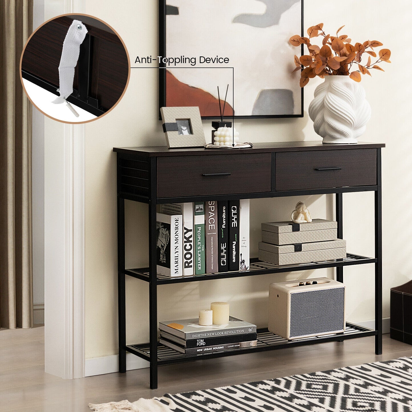 2 Drawer Console Table with Open Shelves for Entryway or Living Room - Dark Brown