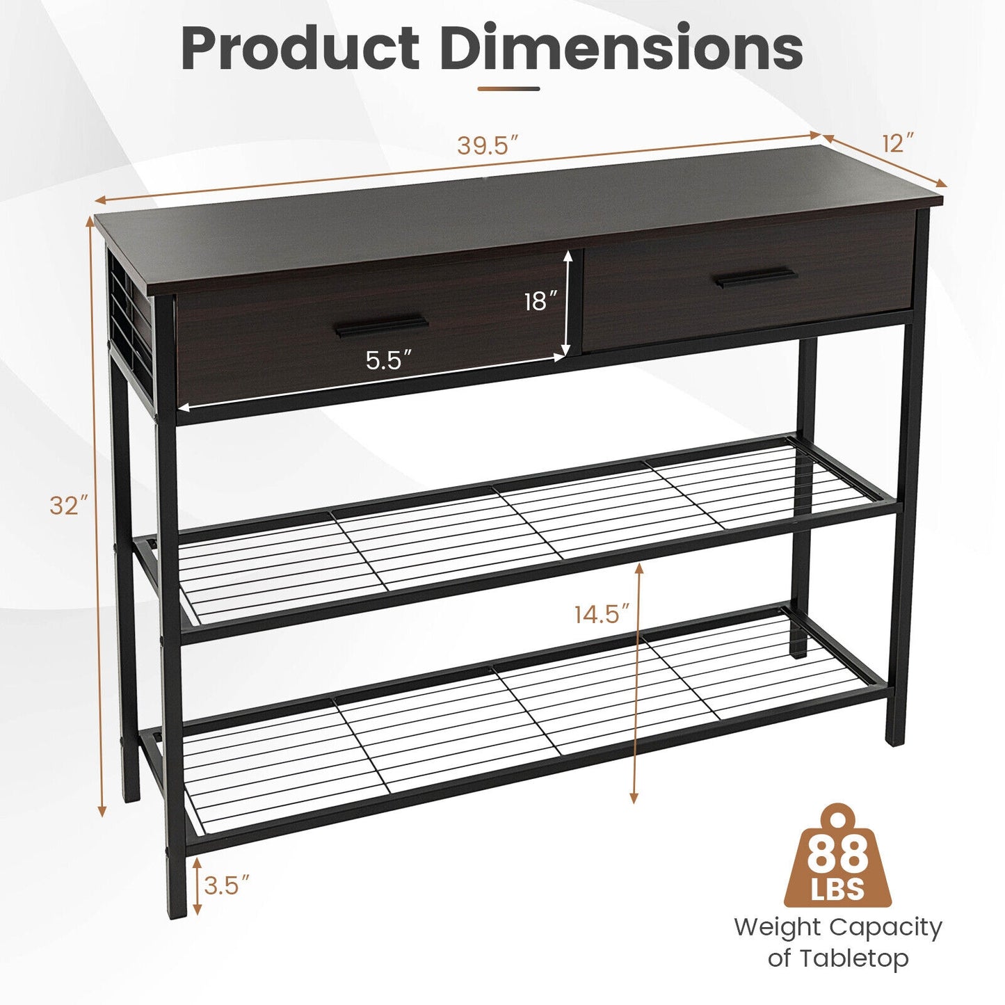2 Drawer Console Table with Open Shelves for Entryway or Living Room - Dark Brown