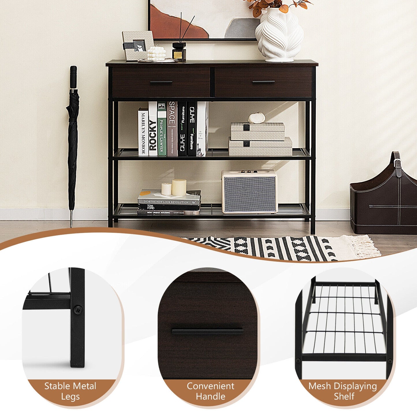 2 Drawer Console Table with Open Shelves for Entryway or Living Room - Dark Brown