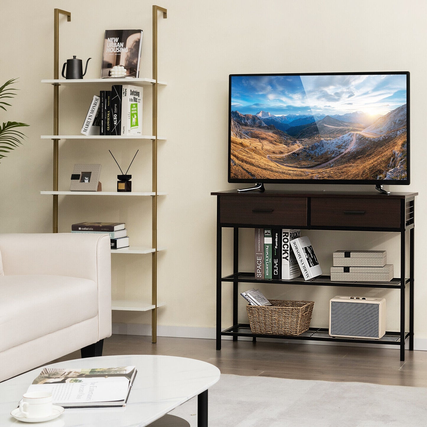 2 Drawer Console Table with Open Shelves for Entryway or Living Room - Dark Brown