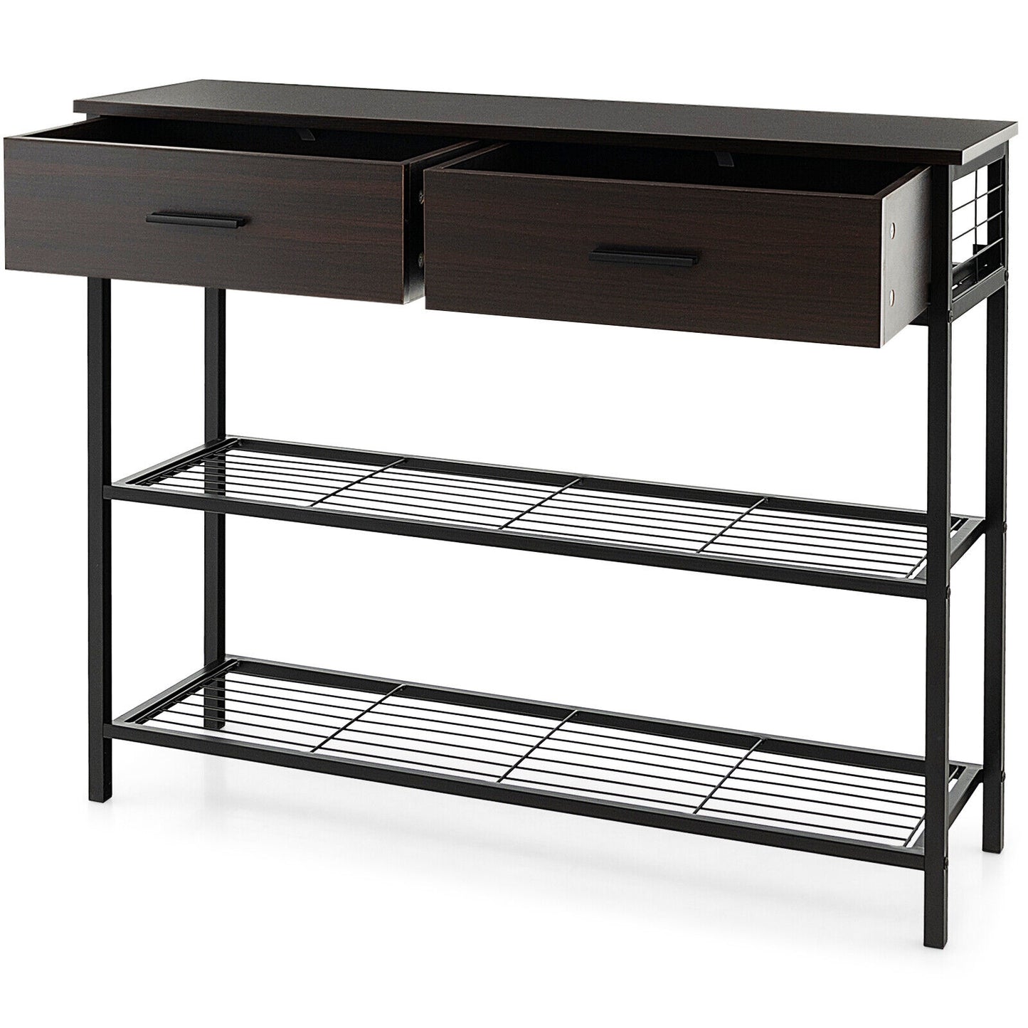 2 Drawer Console Table with Open Shelves for Entryway or Living Room - Dark Brown