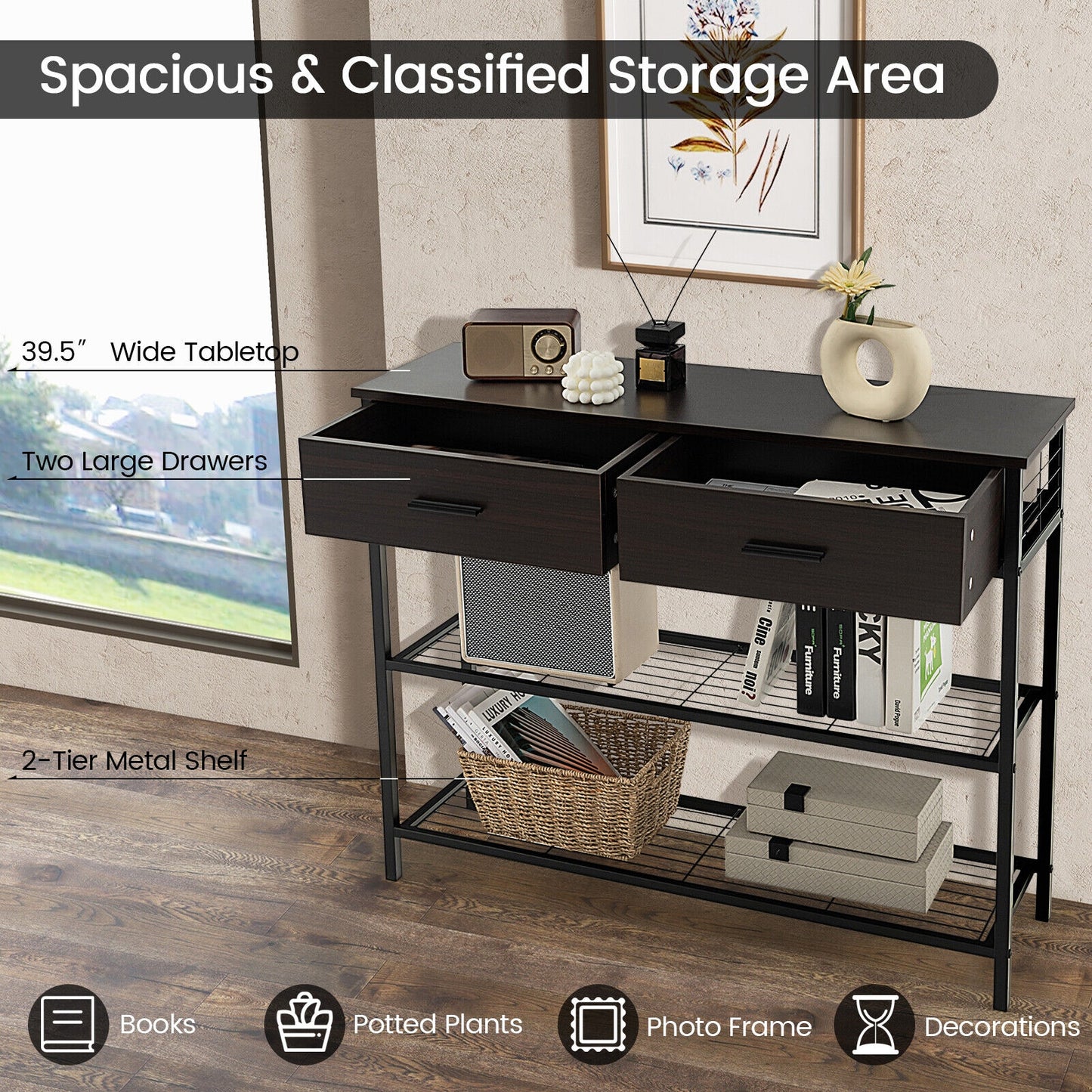2 Drawer Console Table with Open Shelves for Entryway or Living Room - Dark Brown