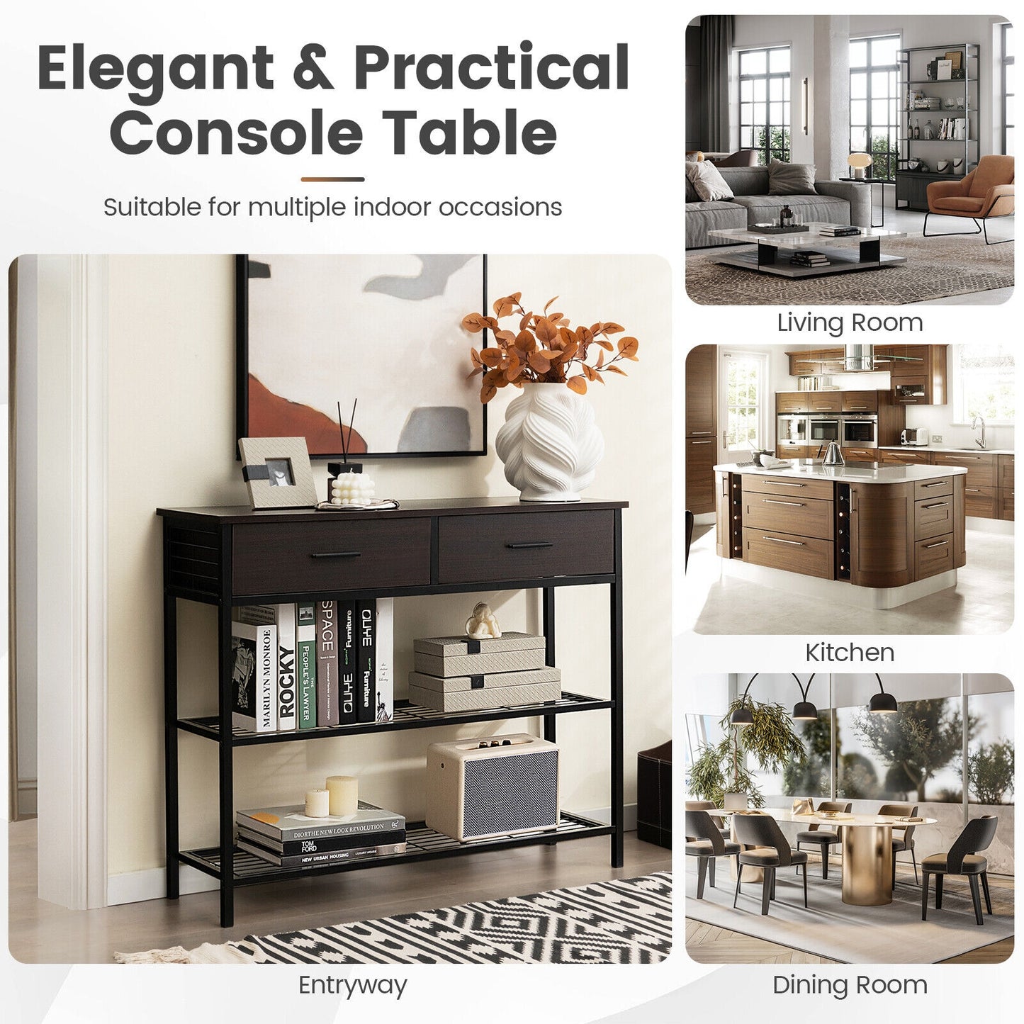 2 Drawer Console Table with Open Shelves for Entryway or Living Room - Dark Brown