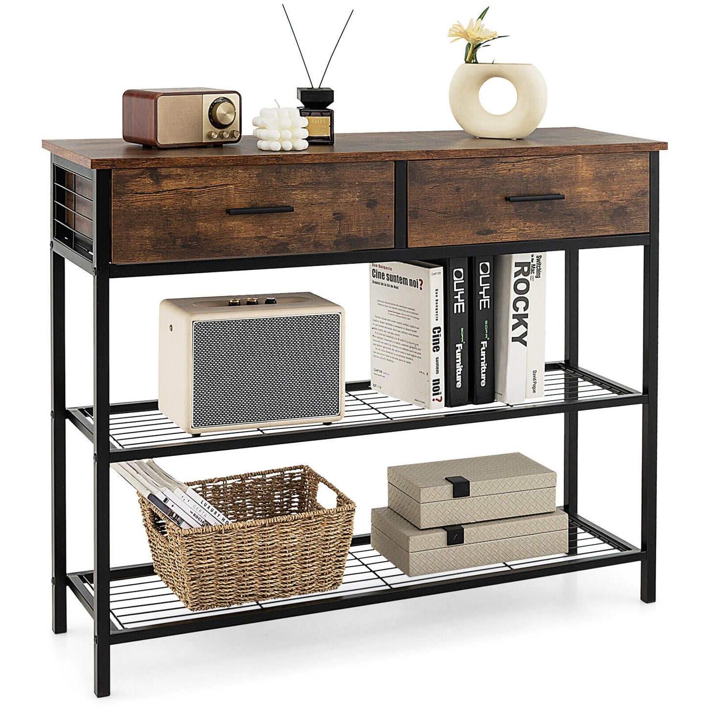 2 Drawer Console Table with Open Shelves for Entryway or Living Room - Rustic Brown