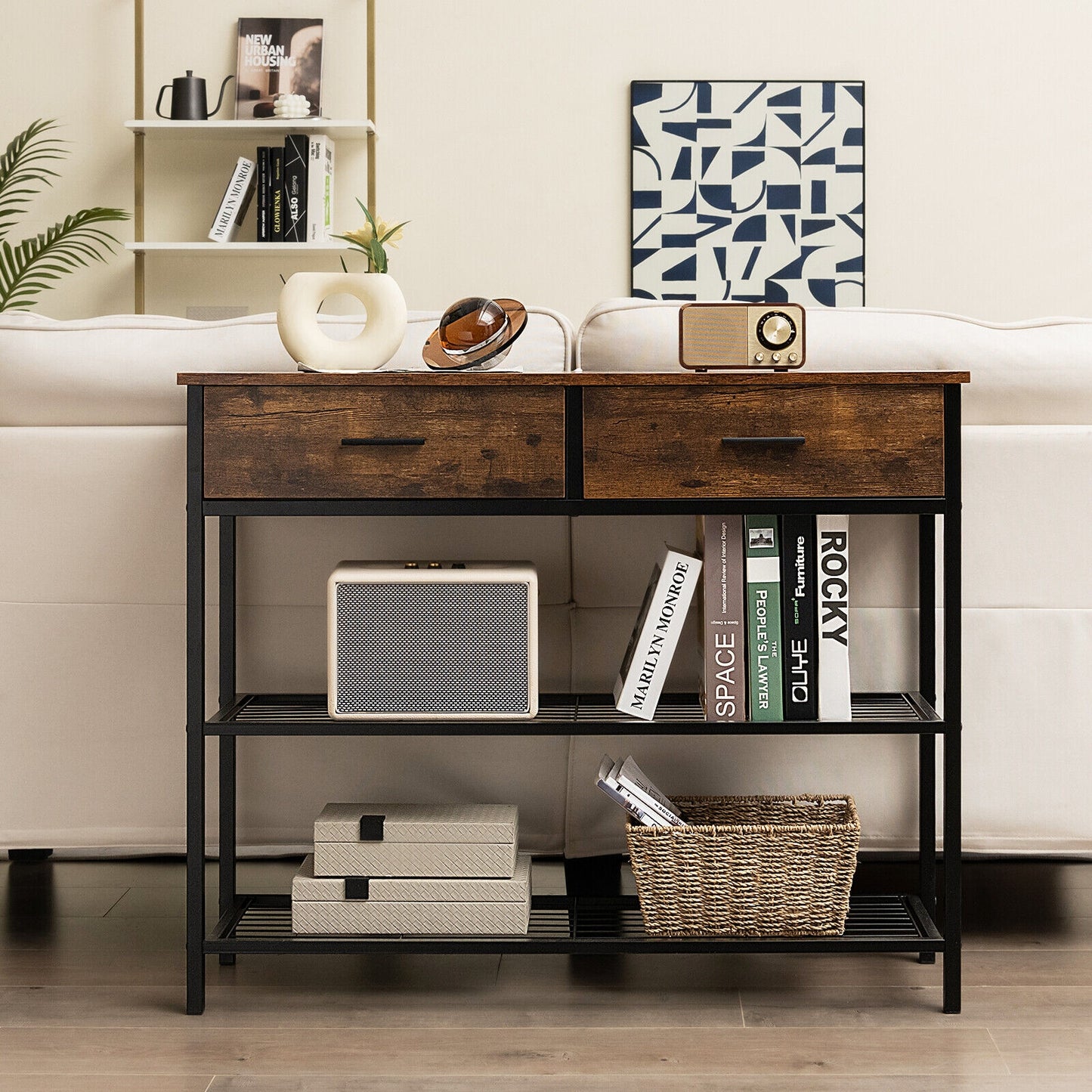 2 Drawer Console Table with Open Shelves for Entryway or Living Room - Rustic Brown
