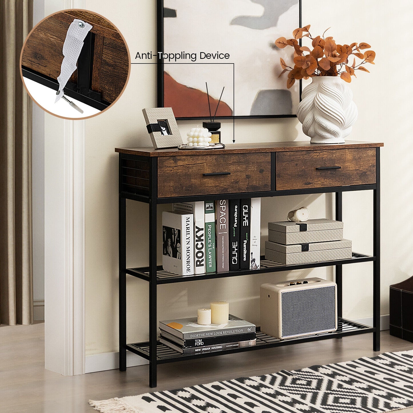 2 Drawer Console Table with Open Shelves for Entryway or Living Room - Rustic Brown