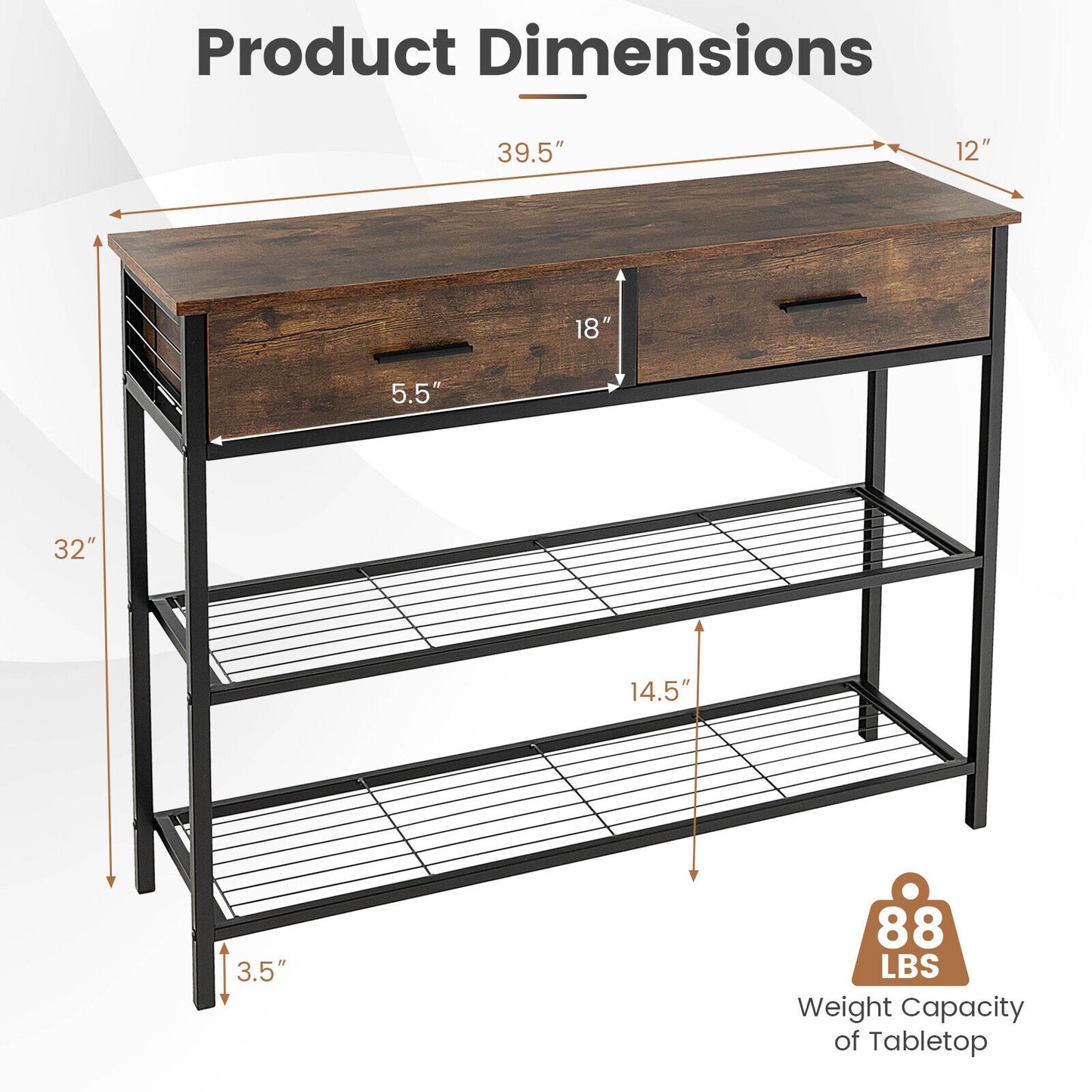 2 Drawer Console Table with Open Shelves for Entryway or Living Room - Rustic Brown