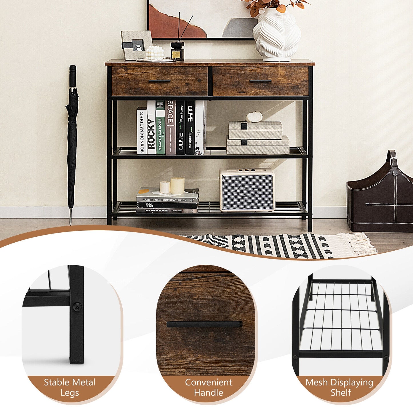 2 Drawer Console Table with Open Shelves for Entryway or Living Room - Rustic Brown