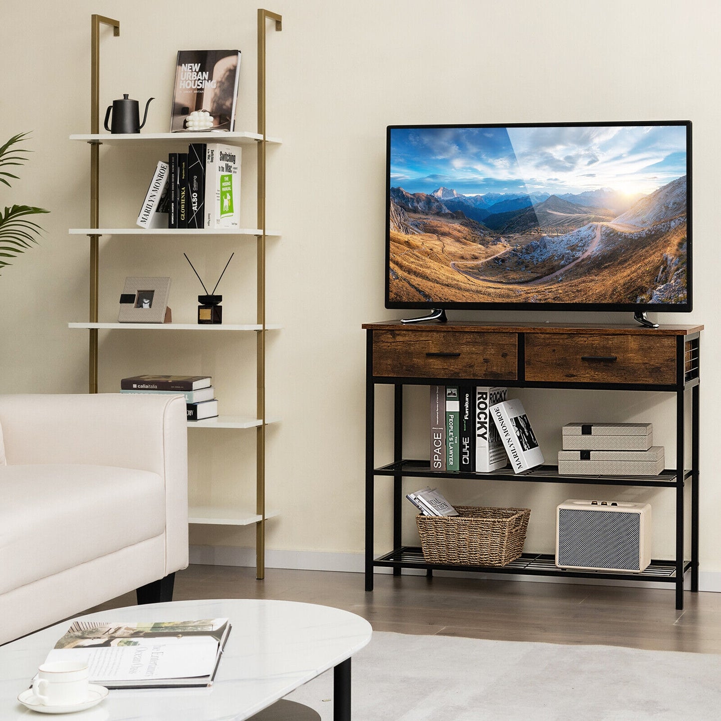 2 Drawer Console Table with Open Shelves for Entryway or Living Room - Rustic Brown