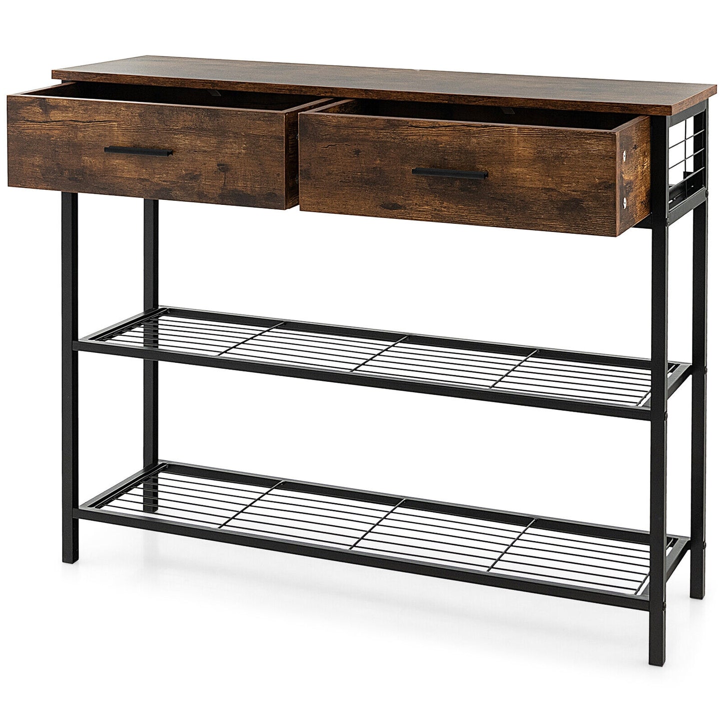 2 Drawer Console Table with Open Shelves for Entryway or Living Room - Rustic Brown