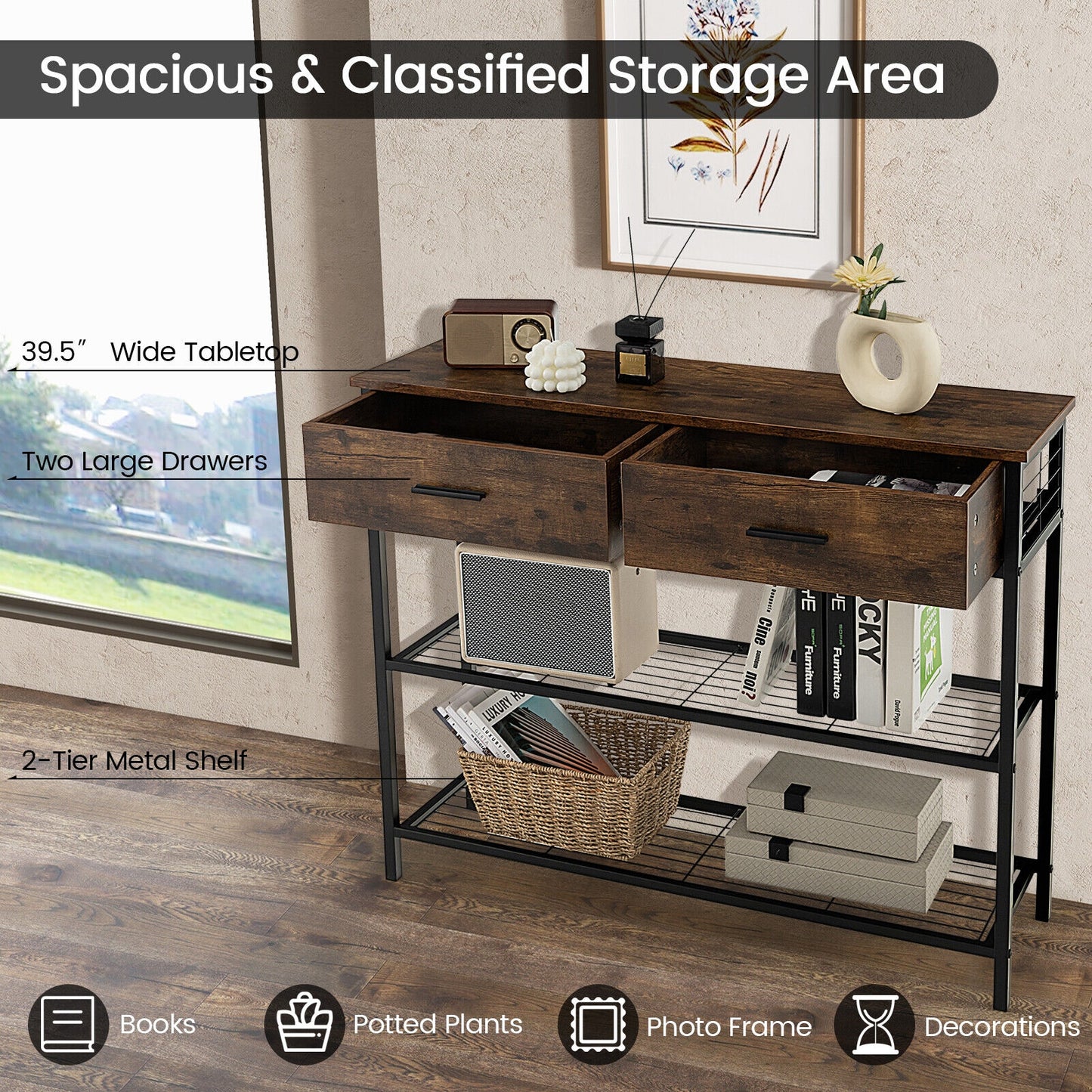 2 Drawer Console Table with Open Shelves for Entryway or Living Room - Rustic Brown