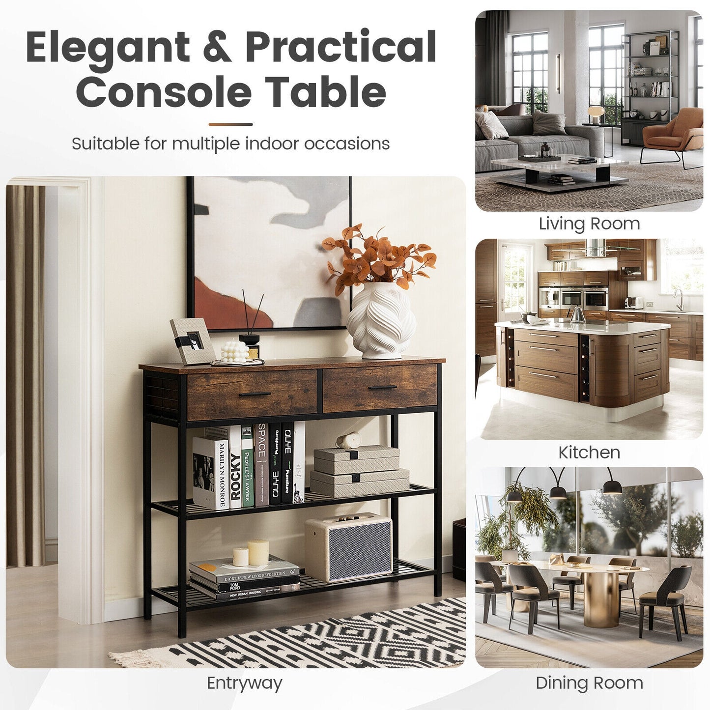 2 Drawer Console Table with Open Shelves for Entryway or Living Room - Rustic Brown
