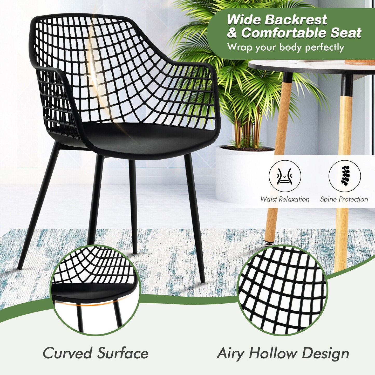 Modern Dining Chairs with Airy Hollow Backrest Set of 4 Heavy Duty Ergonomic Black Chairs