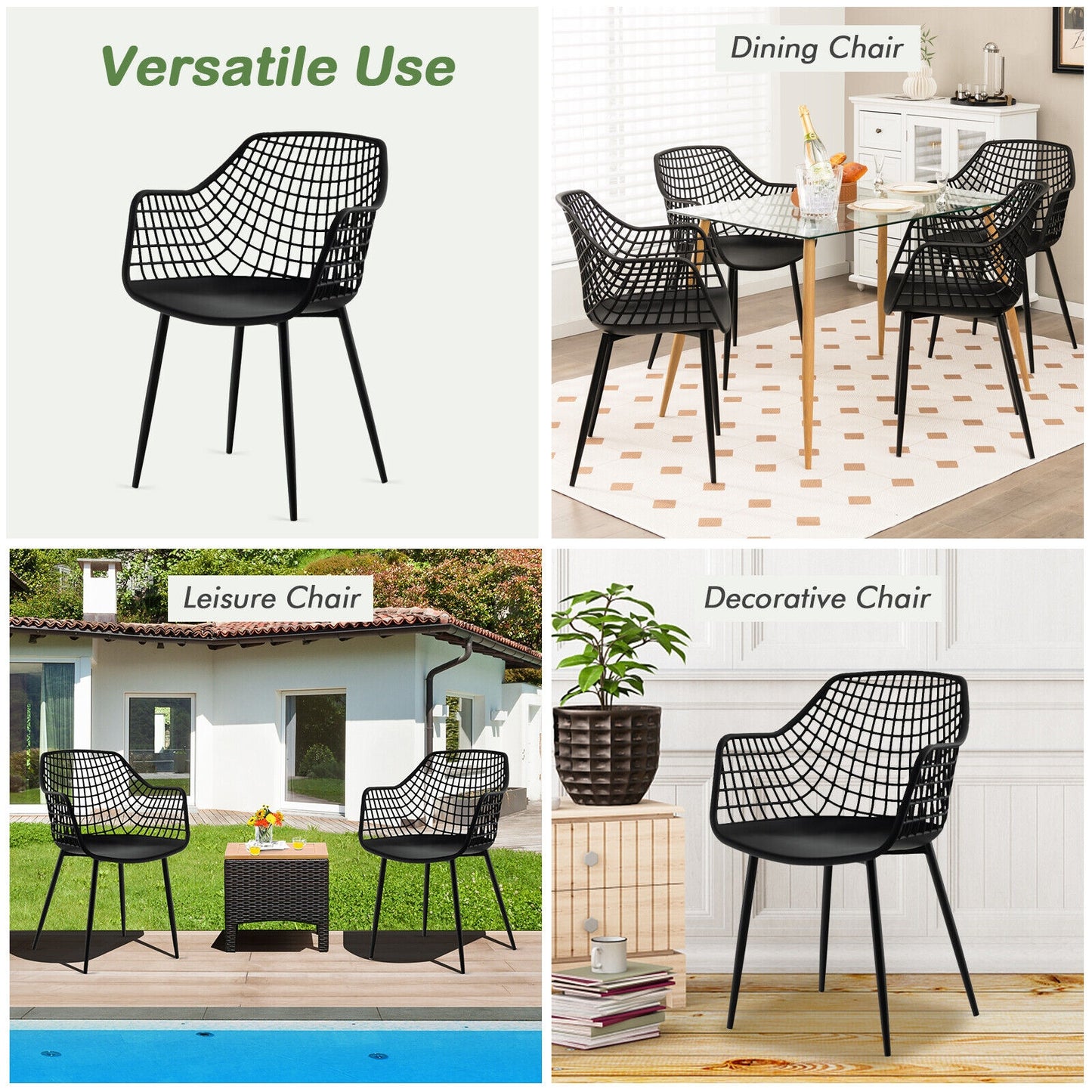 Modern Dining Chairs with Airy Hollow Backrest Set of 4 Heavy Duty Ergonomic Black Chairs