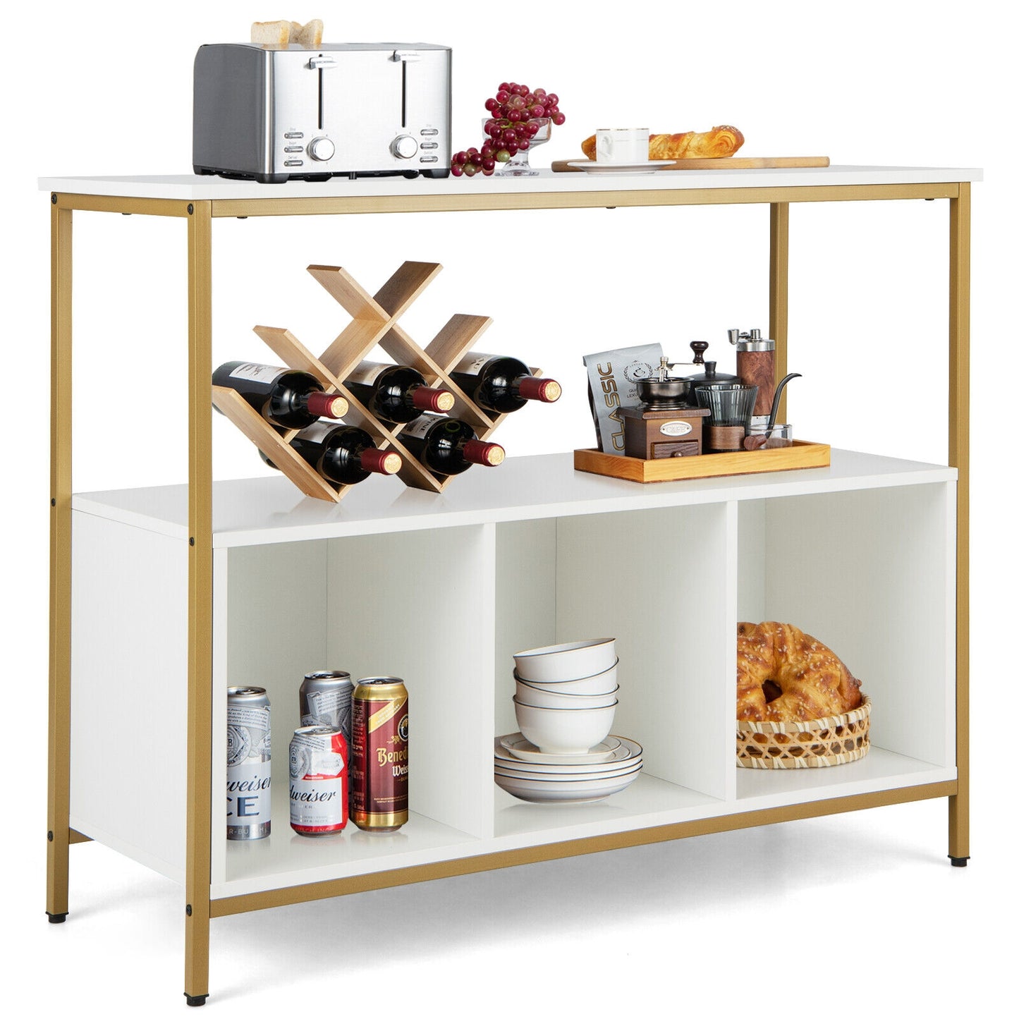 Multipurpose Buffet Sideboard Cabinet with Open Shelves and Storage Compartments - White