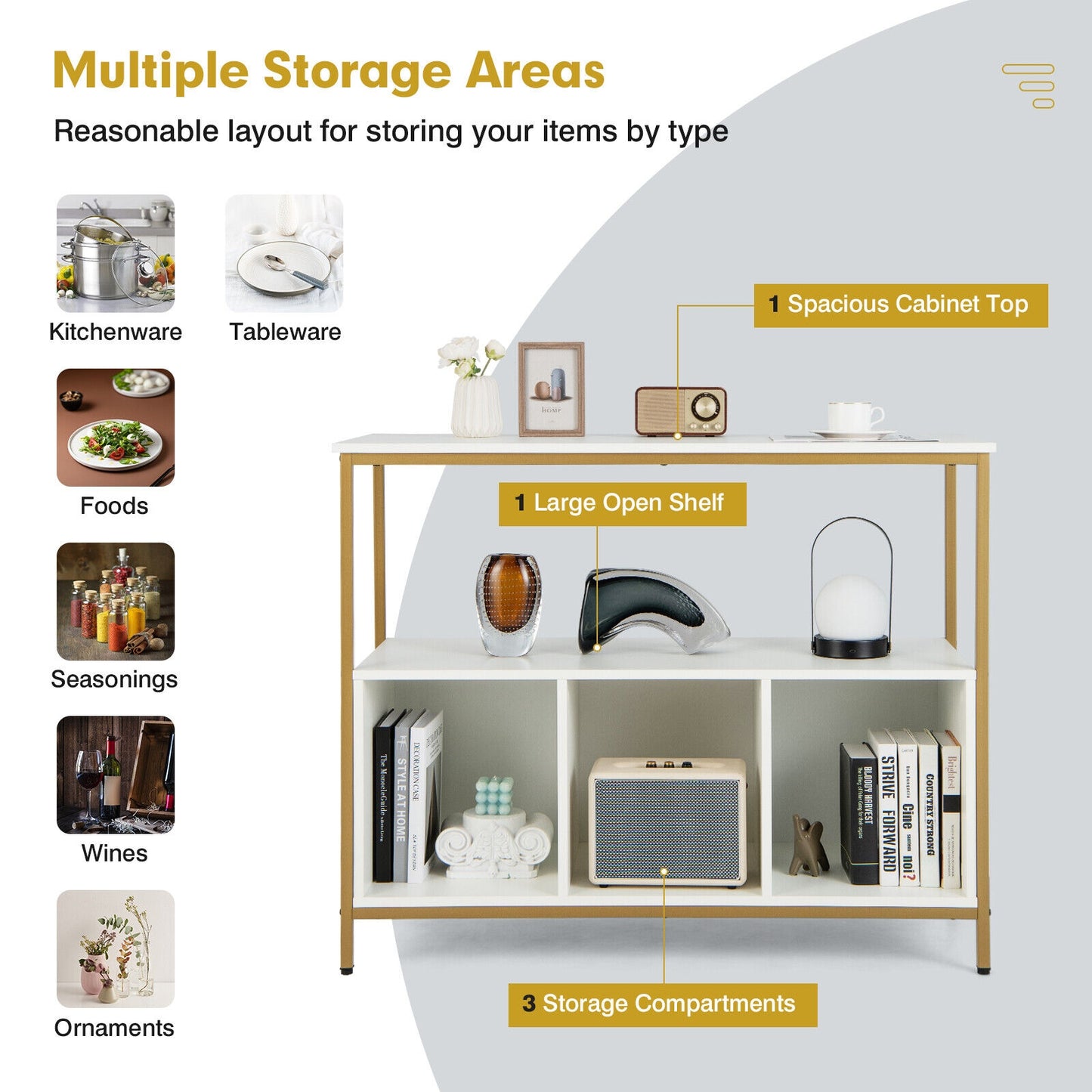 Multipurpose Buffet Sideboard Cabinet with Open Shelves and Storage Compartments - White