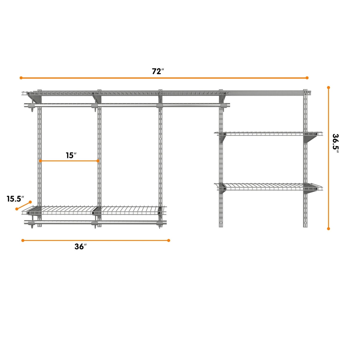 Adjustable Wall-Mounted Closet Organizer System - 3 to 6 Feet with Shelves, Hang Rods & Customizable Storage Solution
