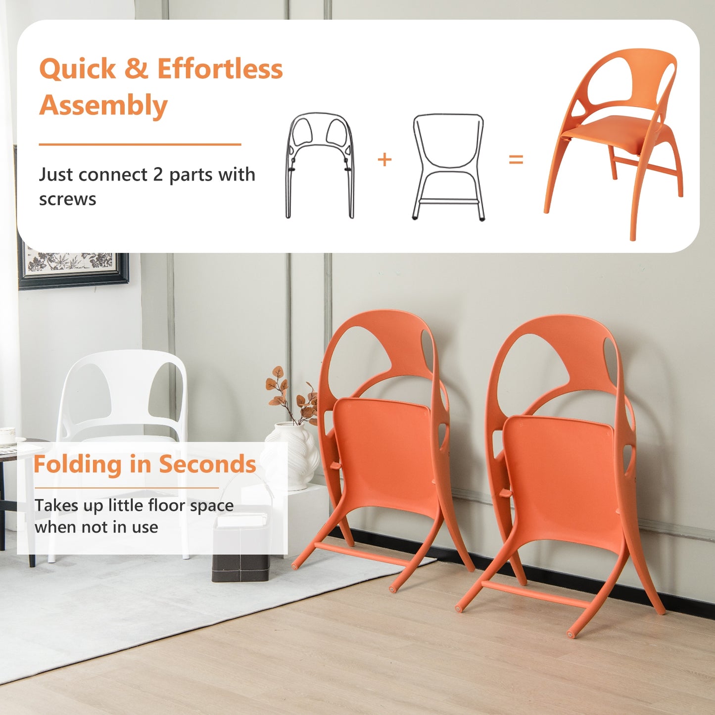 Folding Dining Chairs with Armrests and High Backrest in Orange - Set of 2