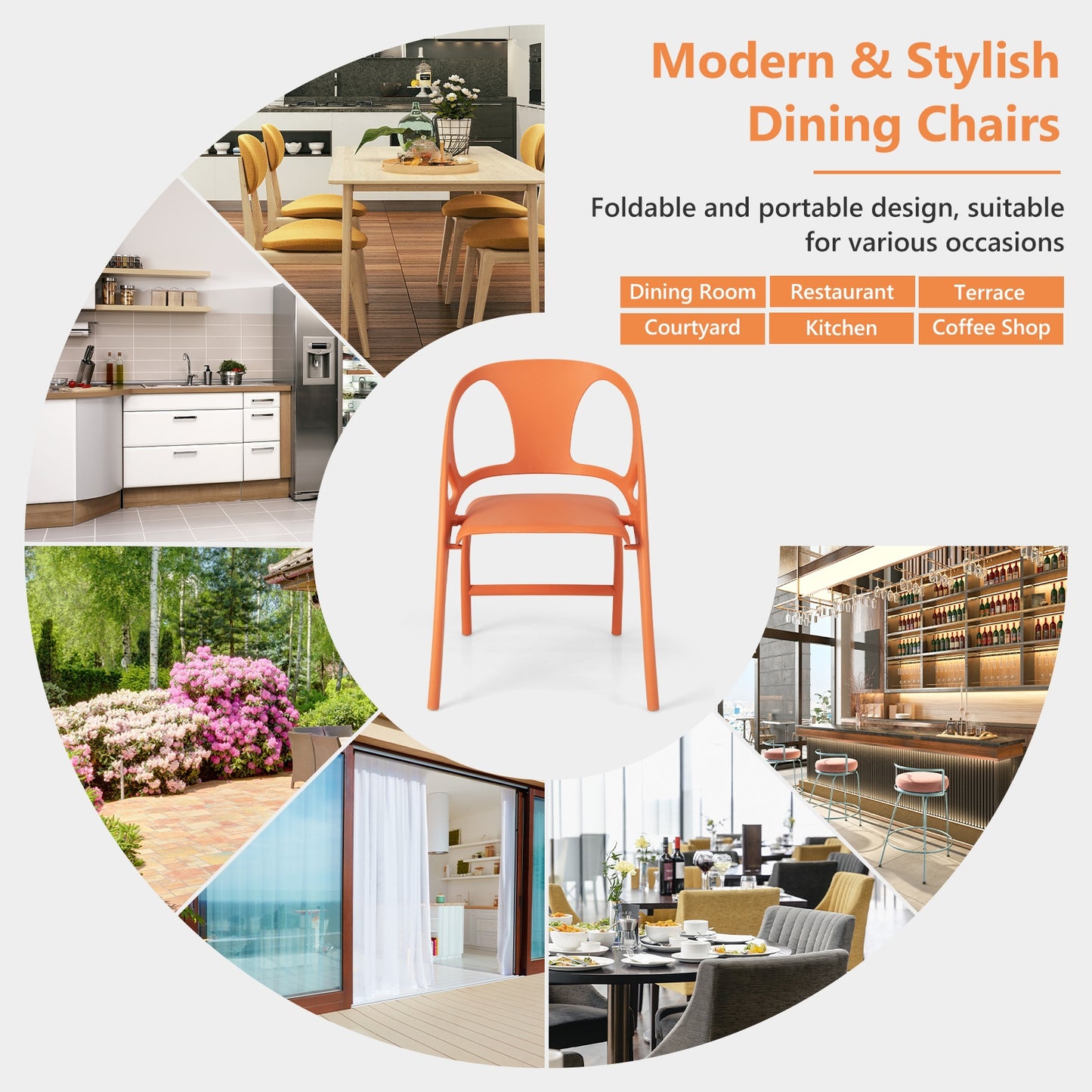Folding Dining Chairs with Armrests and High Backrest in Orange - Set of 2