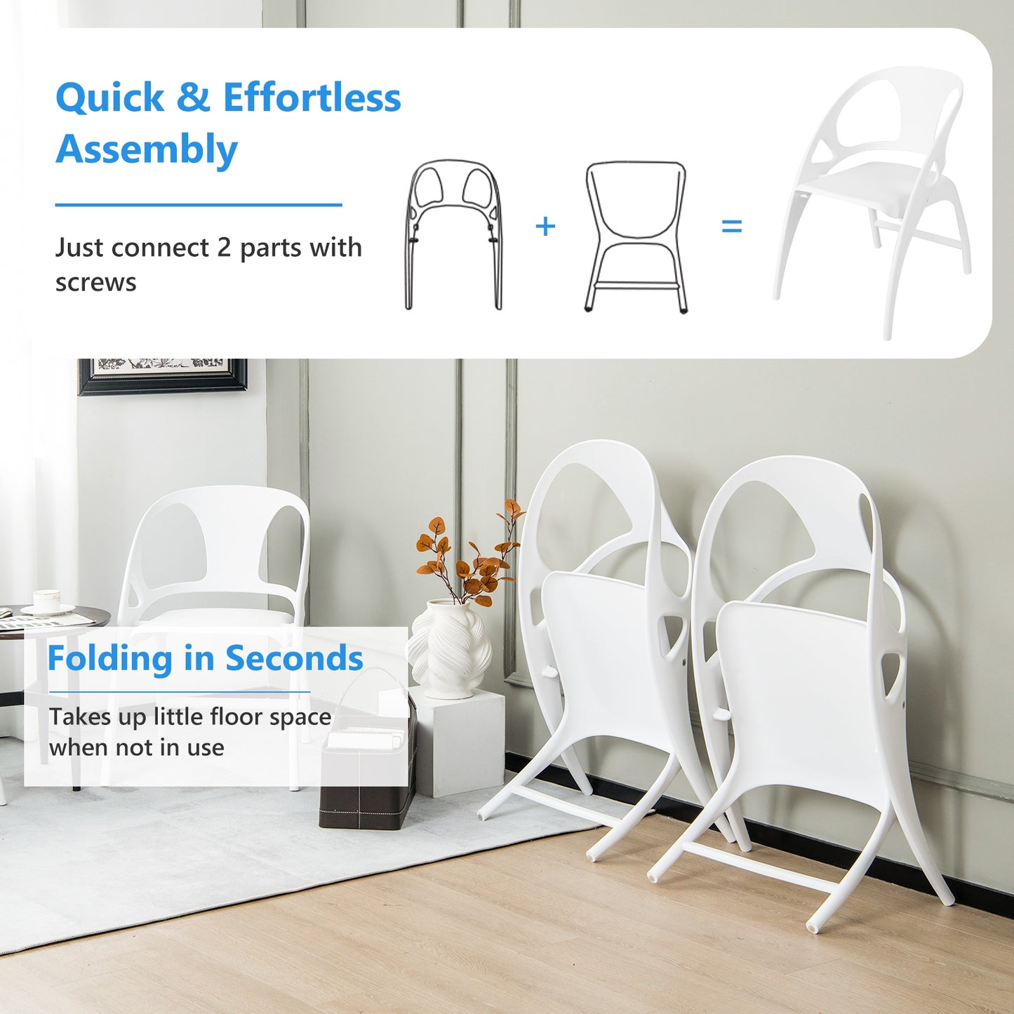Folding Dining Chairs with Armrests and High Backrest in White - Set of 2