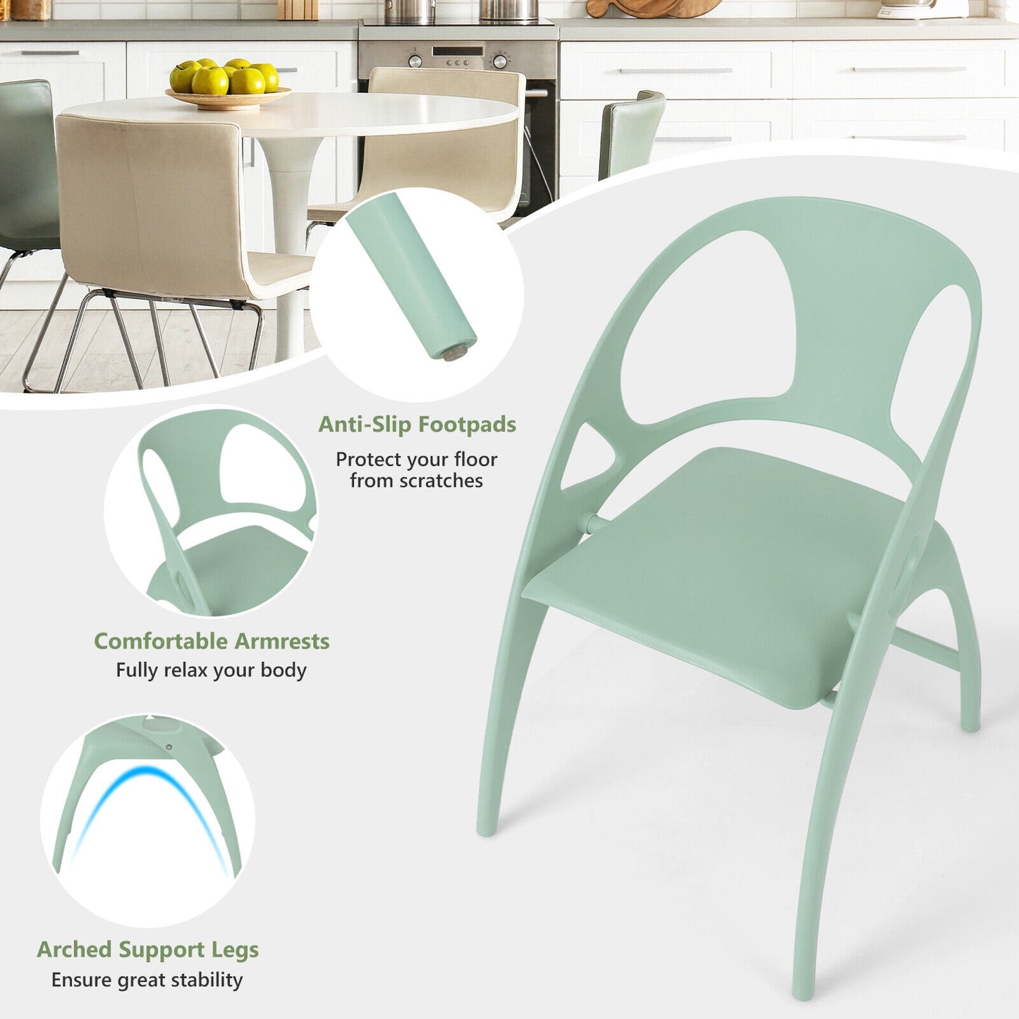 Folding Dining Chairs with Armrests and High Backrest in Green - Set of 2
