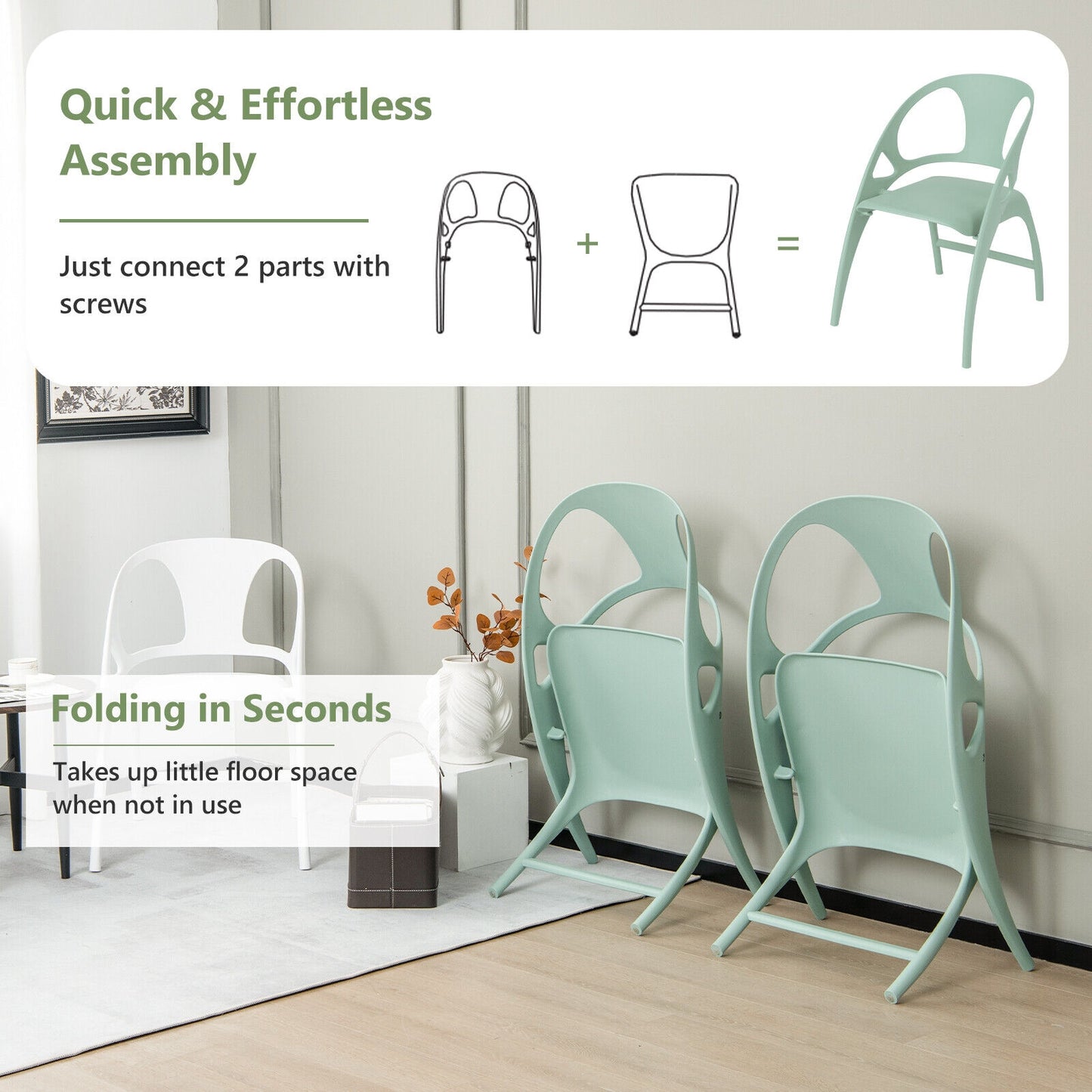 Folding Dining Chairs with Armrests and High Backrest in Green - Set of 2