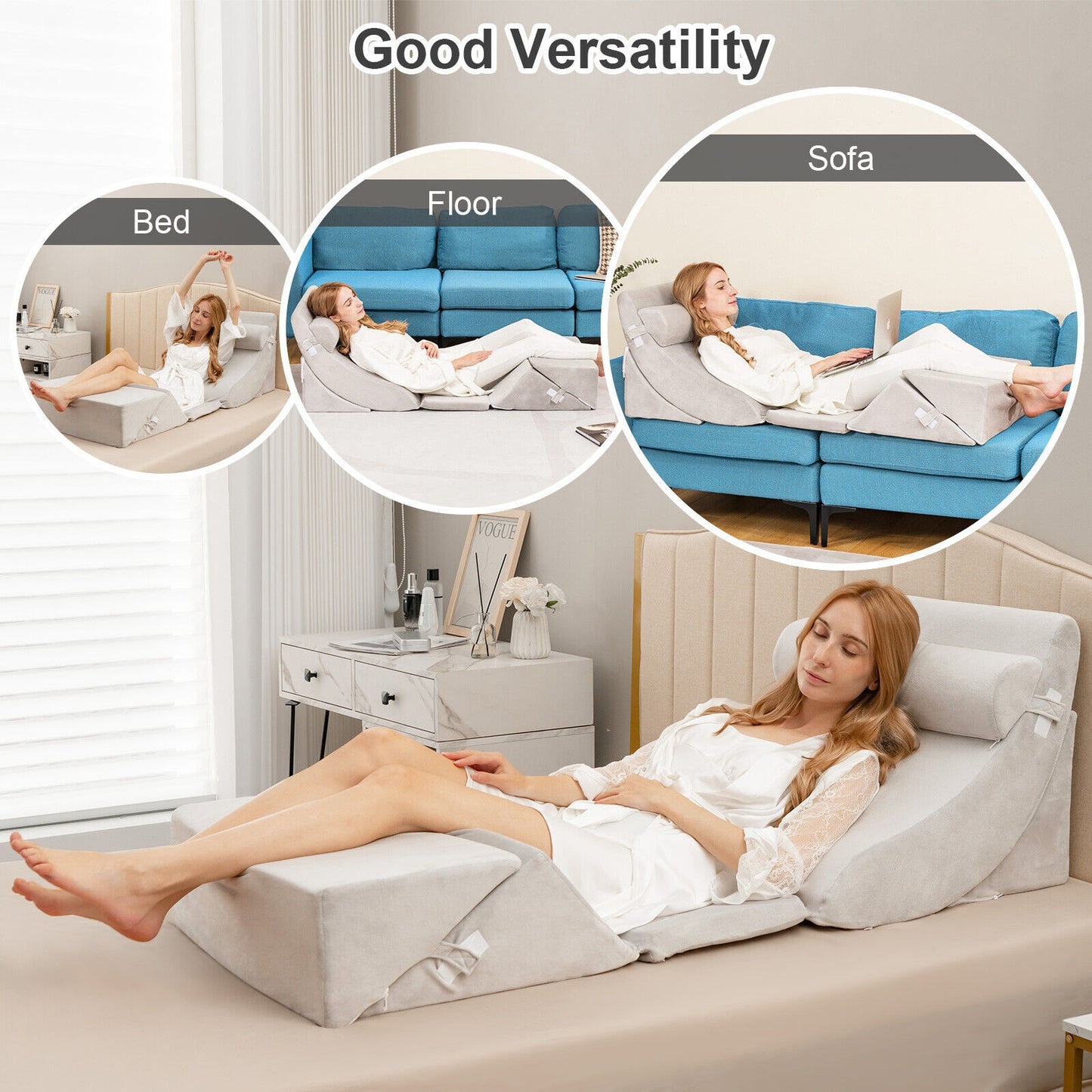 6 Piece Adjustable Bed Wedge Pillow Set for Full-Body Support and Pain Relief
