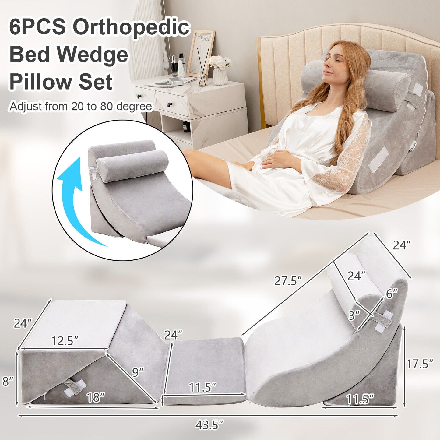 6 Piece Adjustable Bed Wedge Pillow Set for Full-Body Support and Pain Relief