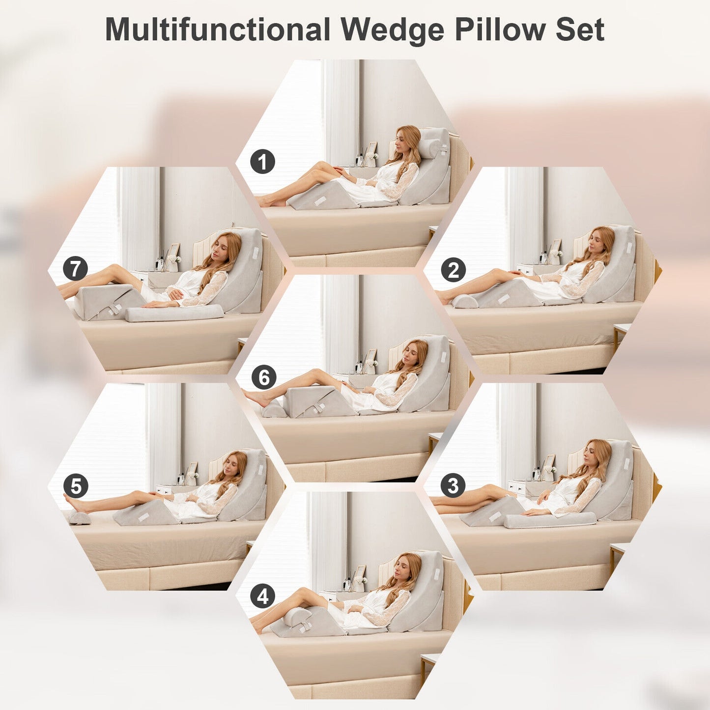 6 Piece Adjustable Bed Wedge Pillow Set for Full-Body Support and Pain Relief