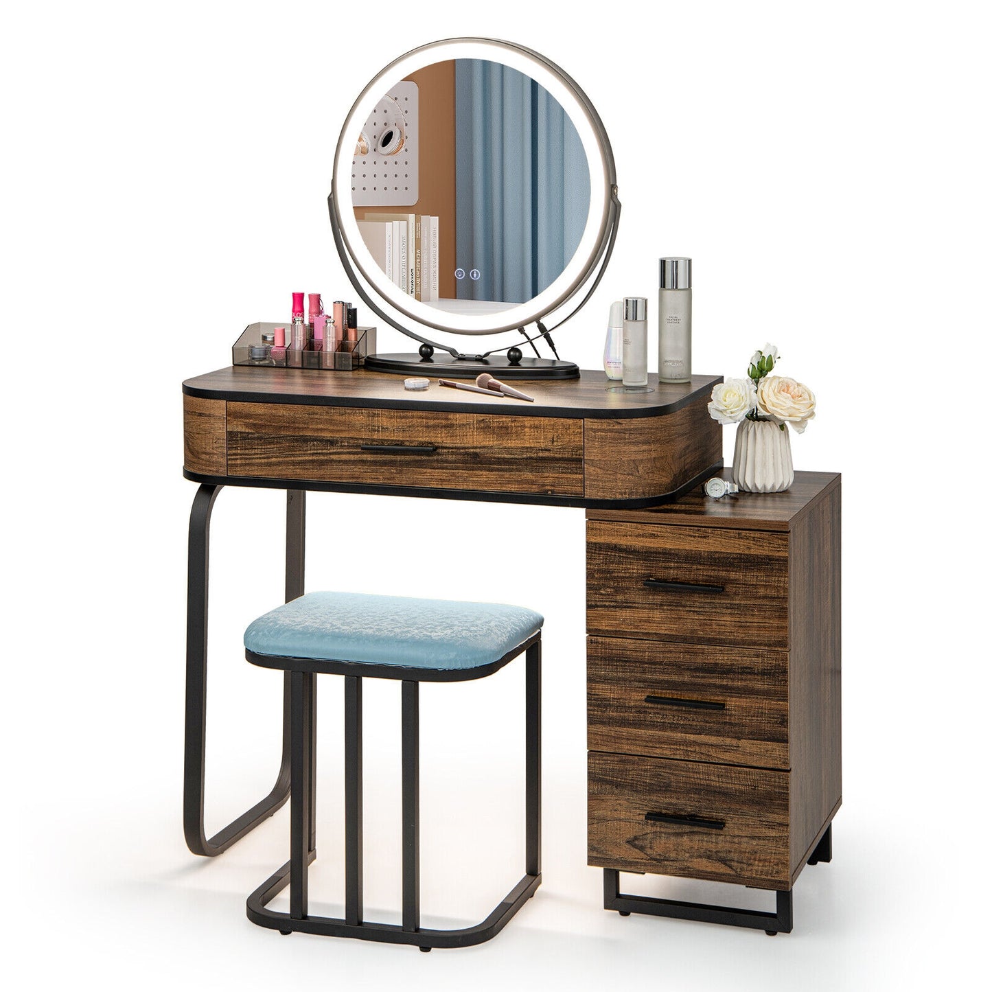 LED Vanity Set with Dimmable Mirror, Charging Station & Storage Chest