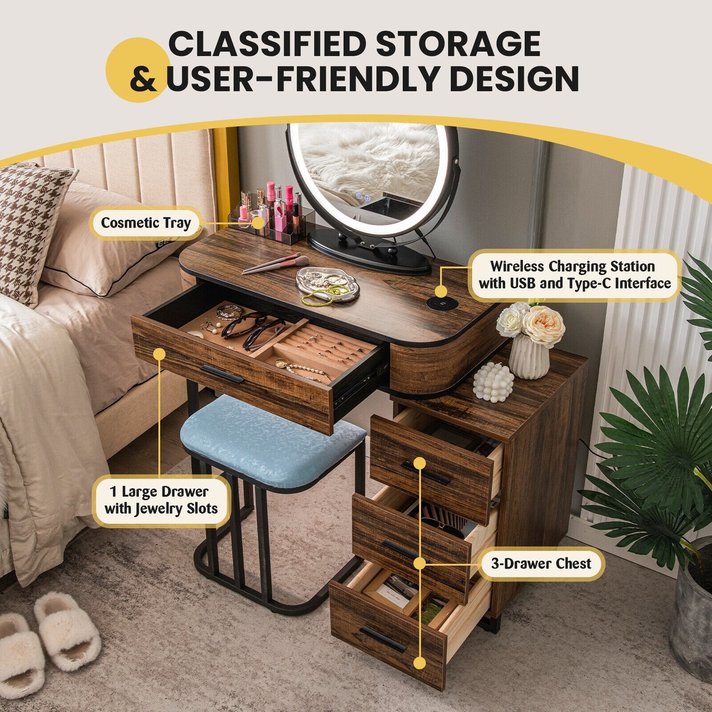 LED Vanity Set with Dimmable Mirror, Charging Station & Storage Chest