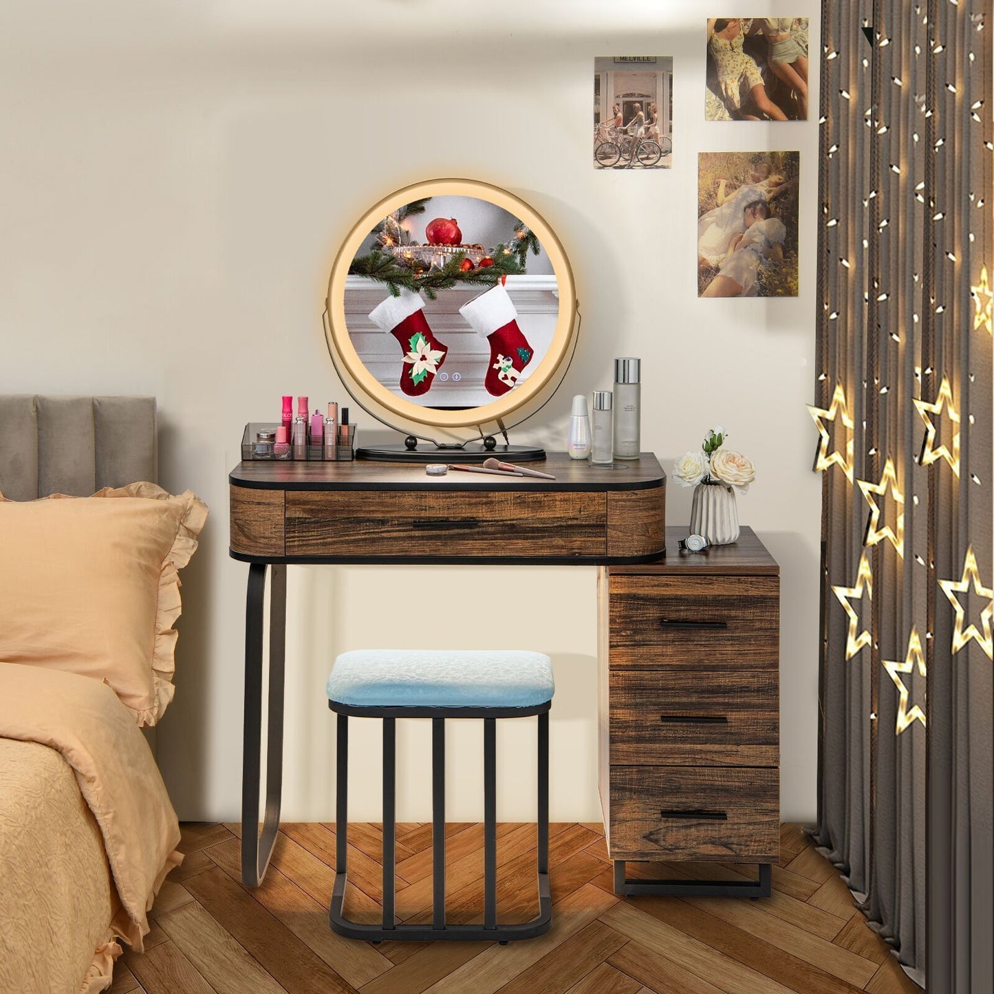 LED Vanity Set with Dimmable Mirror, Charging Station & Storage Chest