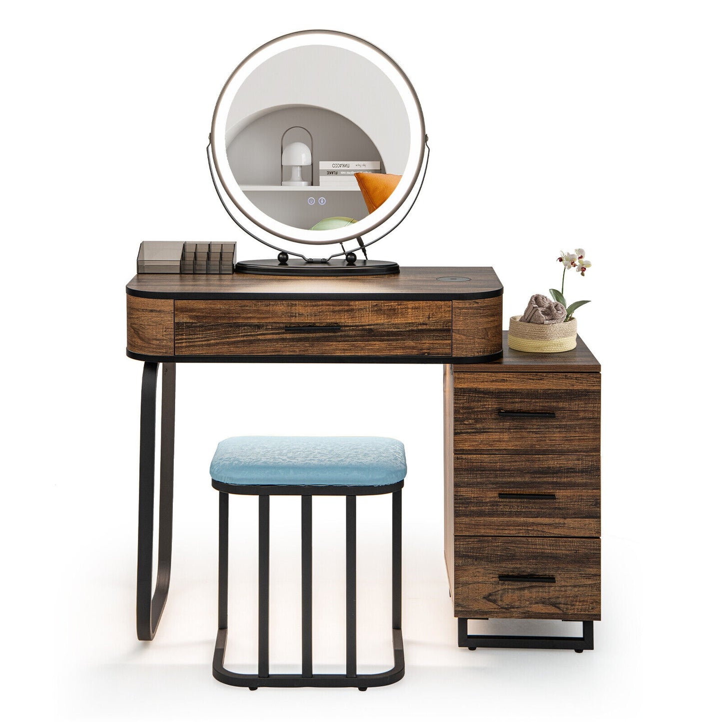 LED Vanity Set with Dimmable Mirror, Charging Station & Storage Chest