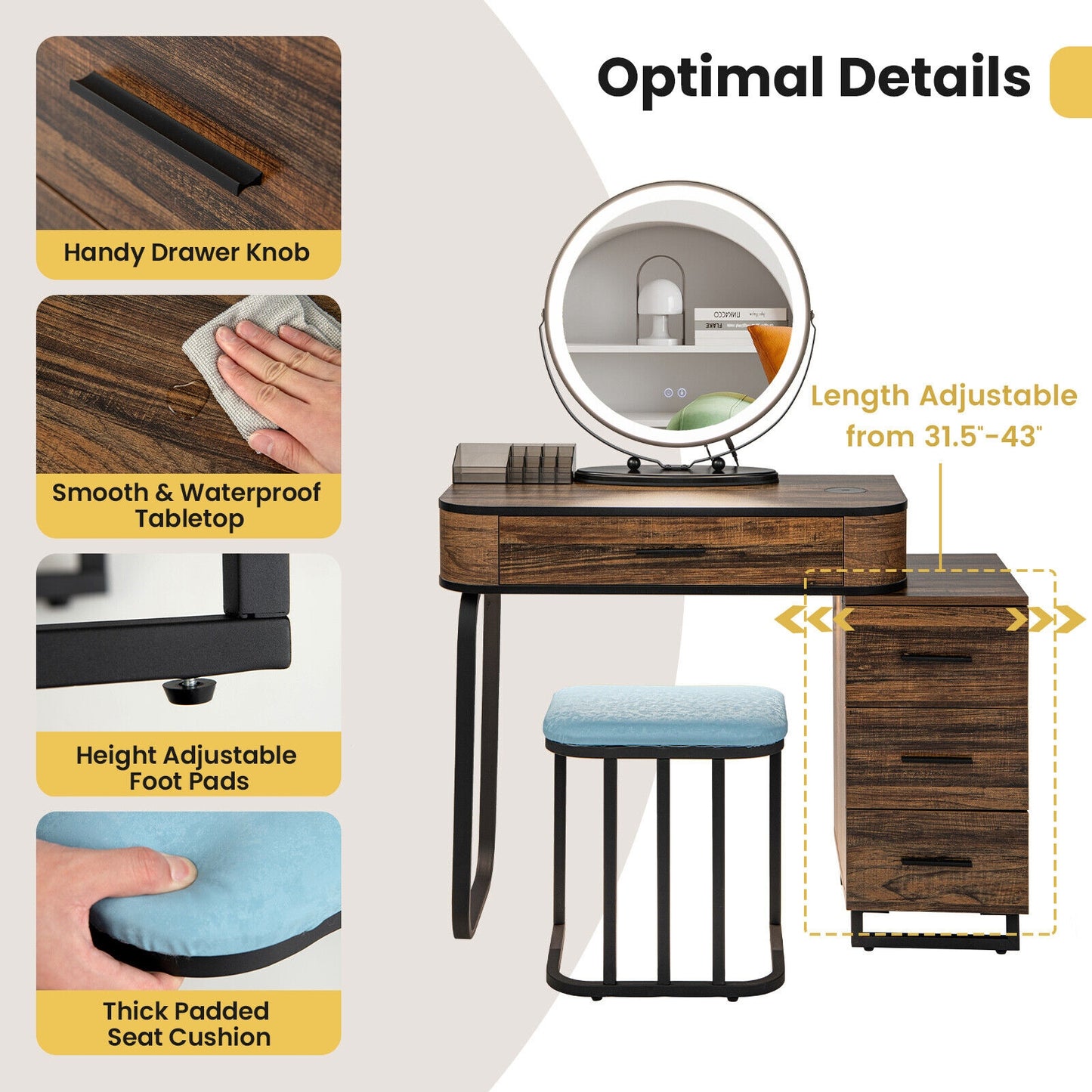 LED Vanity Set with Dimmable Mirror, Charging Station & Storage Chest