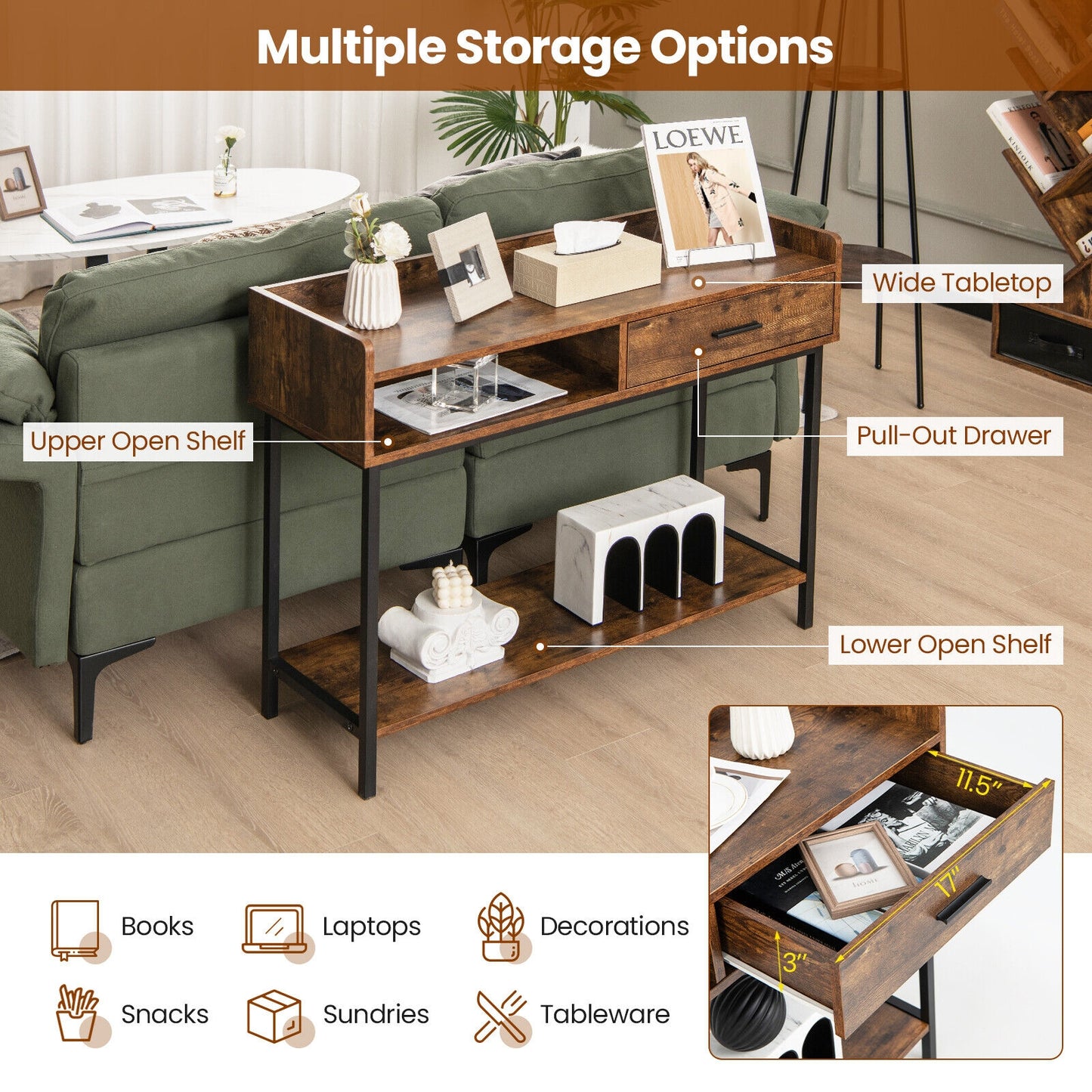 Spacious Long Console Table with Drawer and Durable Metal Frame for Entryway or Living Room