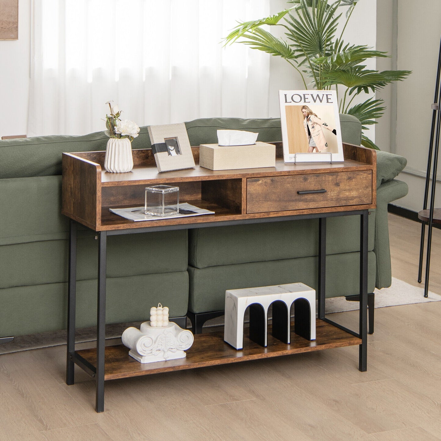 Spacious Long Console Table with Drawer and Durable Metal Frame for Entryway or Living Room