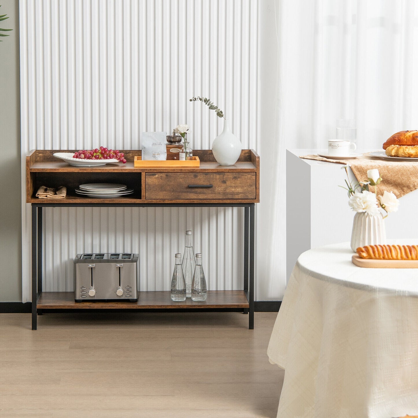 Spacious Long Console Table with Drawer and Durable Metal Frame for Entryway or Living Room