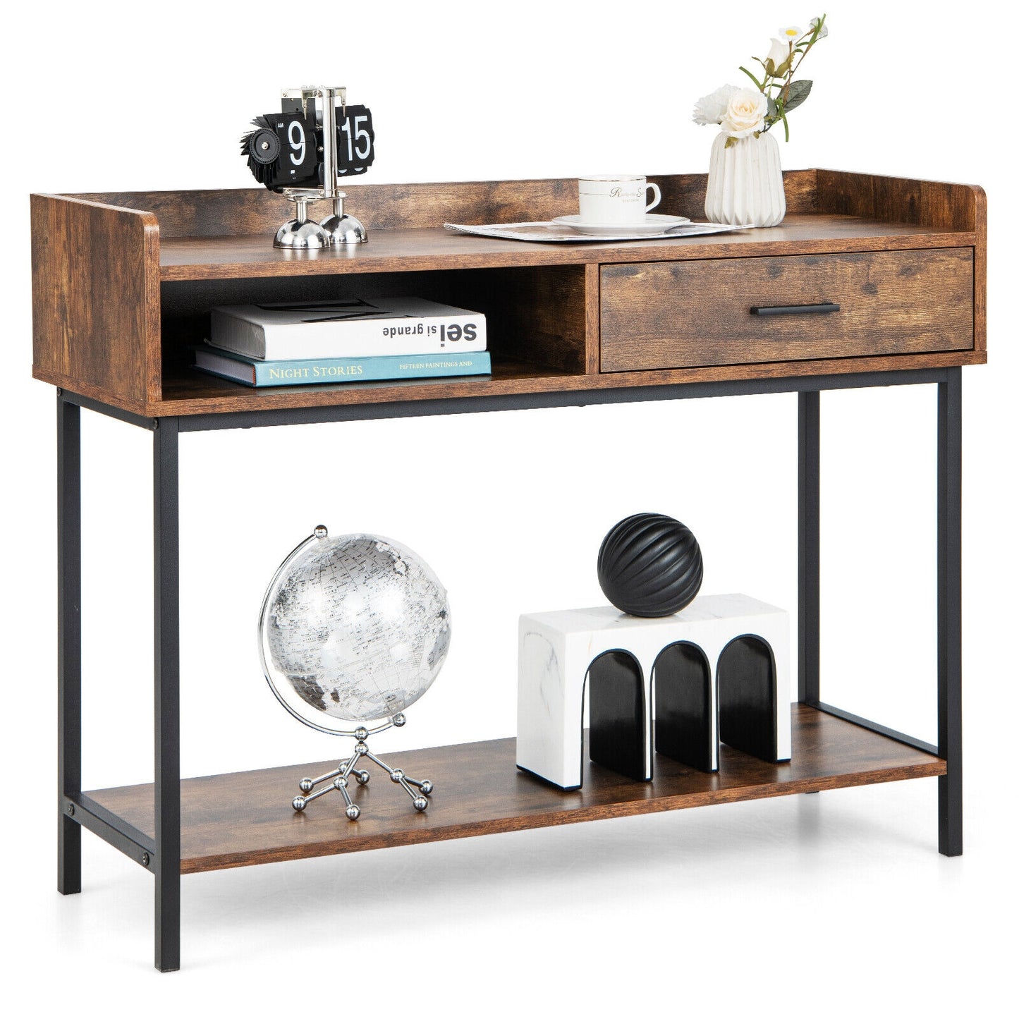 Spacious Long Console Table with Drawer and Durable Metal Frame for Entryway or Living Room