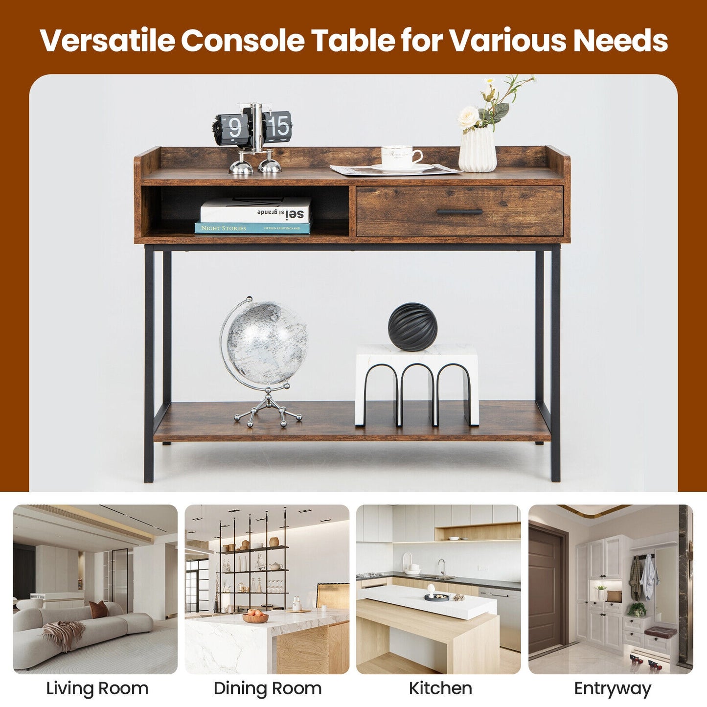 Spacious Long Console Table with Drawer and Durable Metal Frame for Entryway or Living Room
