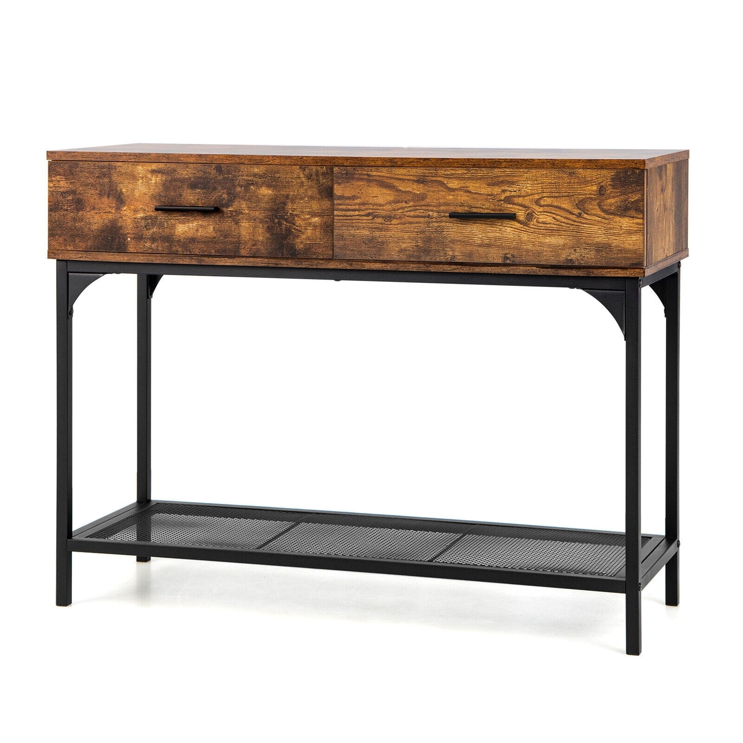 2 Drawer Industrial Console Table with Sturdy Metal Frame for Living Room Storage
