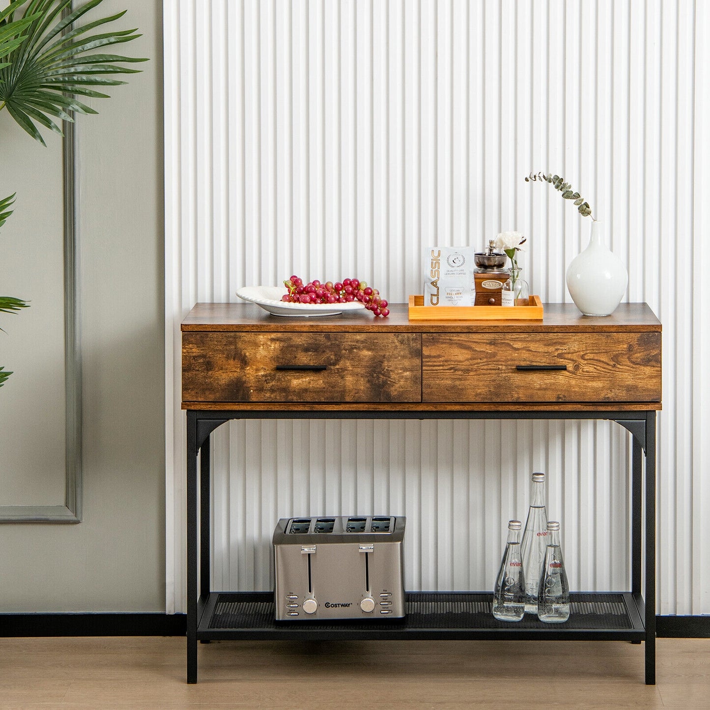 2 Drawer Industrial Console Table with Sturdy Metal Frame for Living Room Storage
