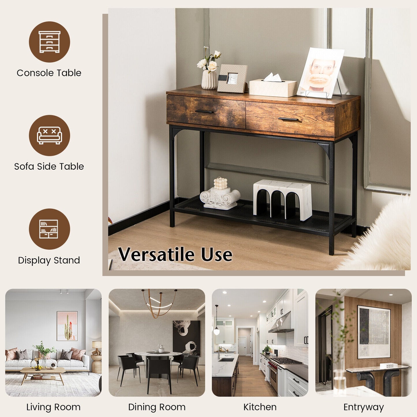 2 Drawer Industrial Console Table with Sturdy Metal Frame for Living Room Storage
