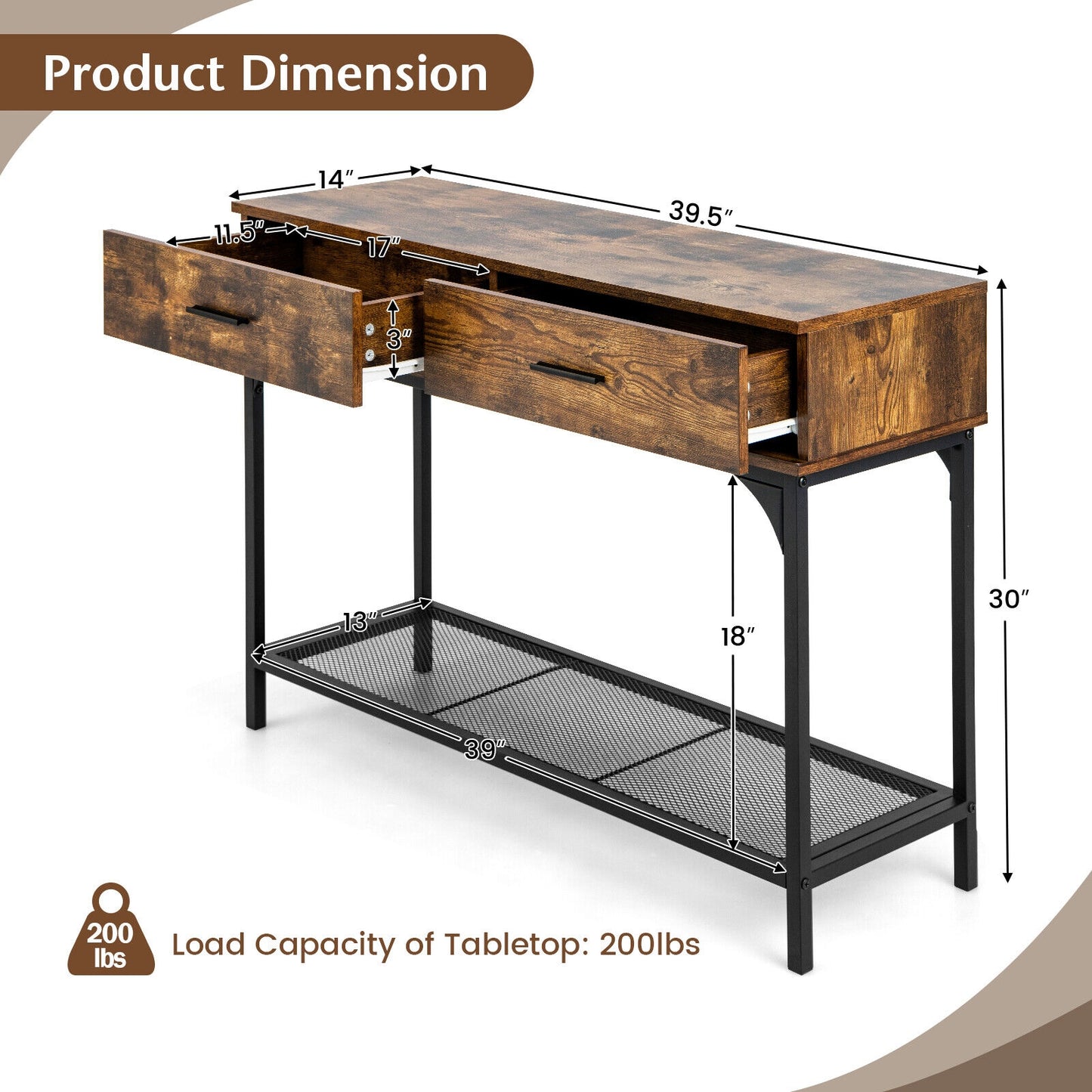 2 Drawer Industrial Console Table with Sturdy Metal Frame for Living Room Storage